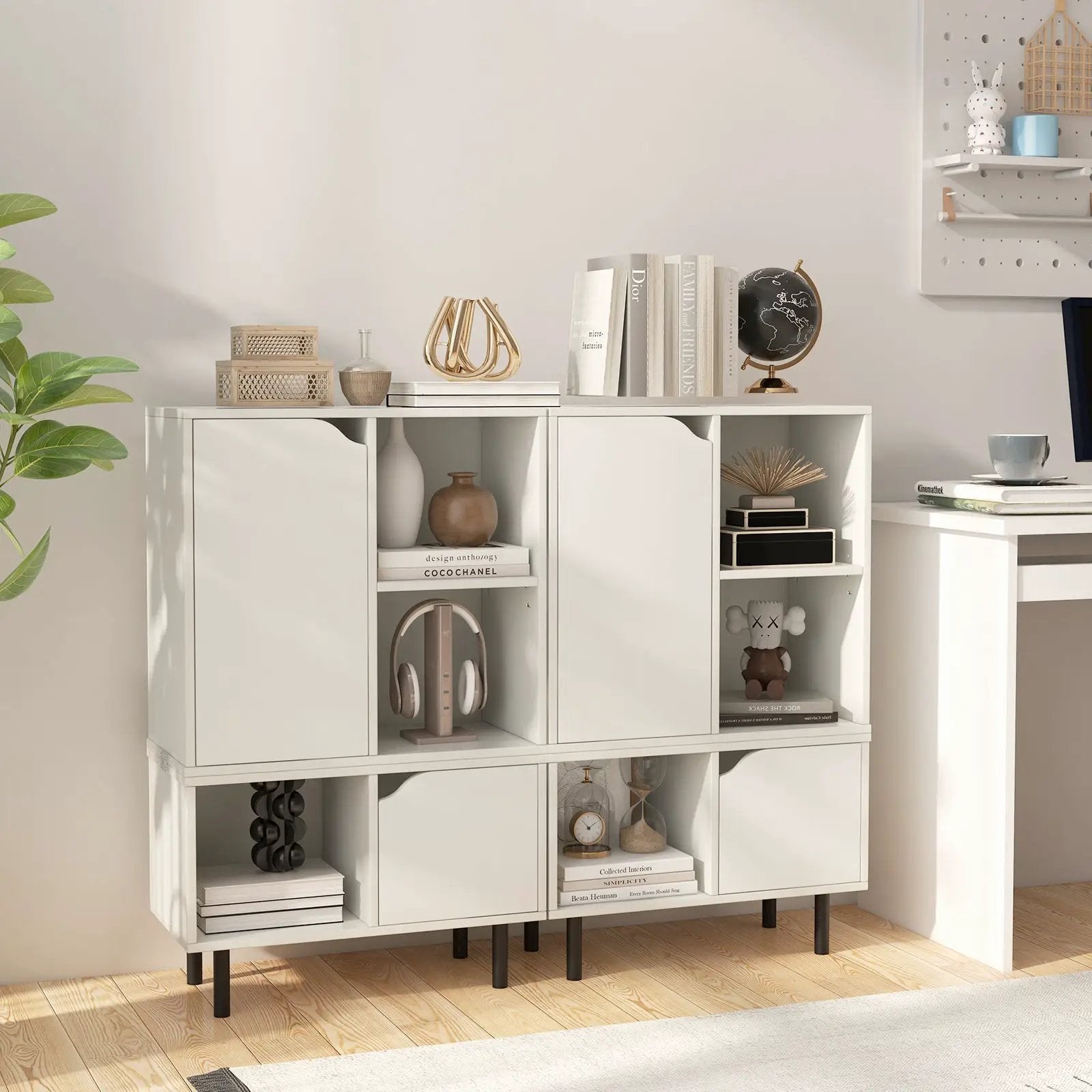 Stackable Bookcase with Adjustable Shelf and Cubes-White by DirectDeals