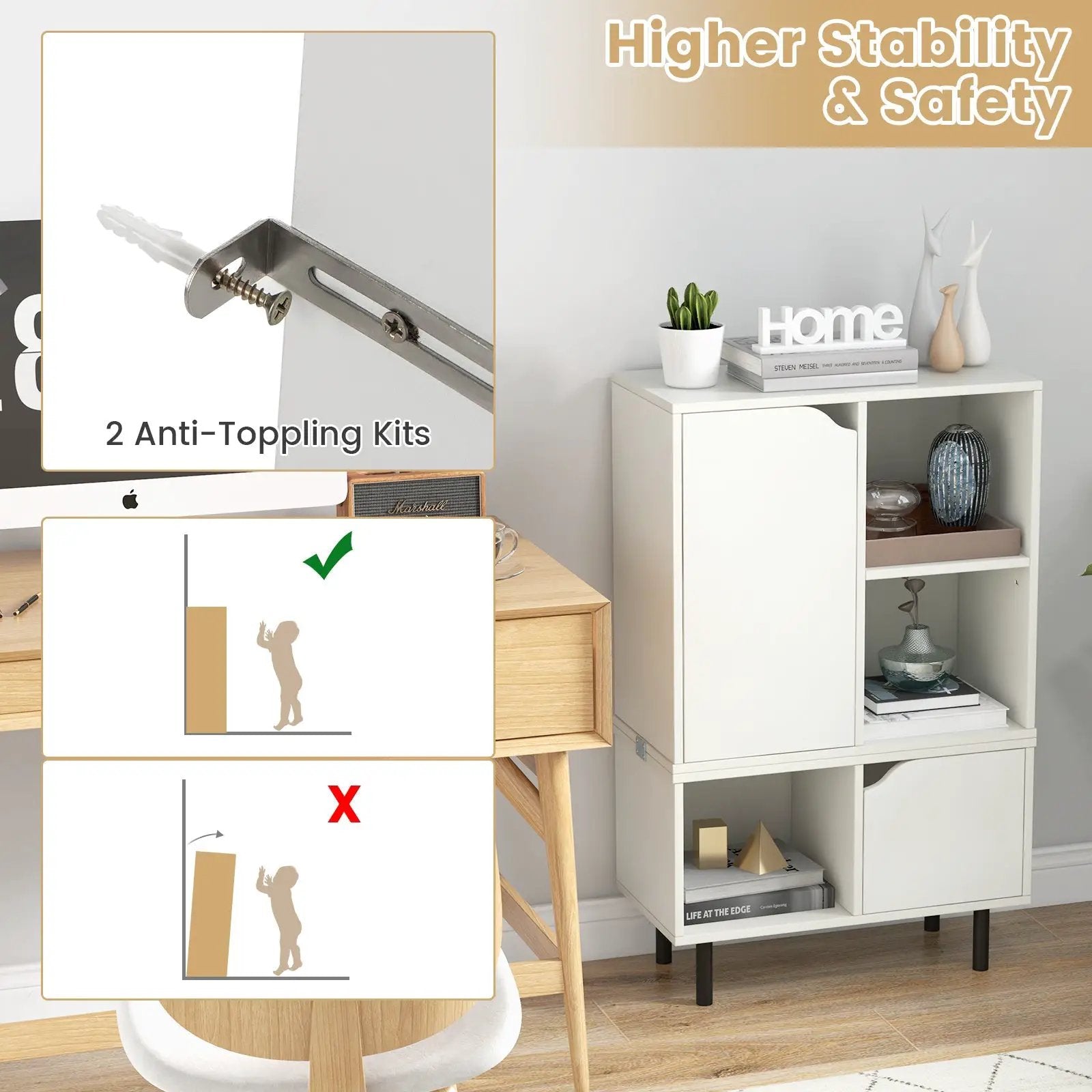 Stackable Bookcase with Adjustable Shelf and Cubes-White by DirectDeals