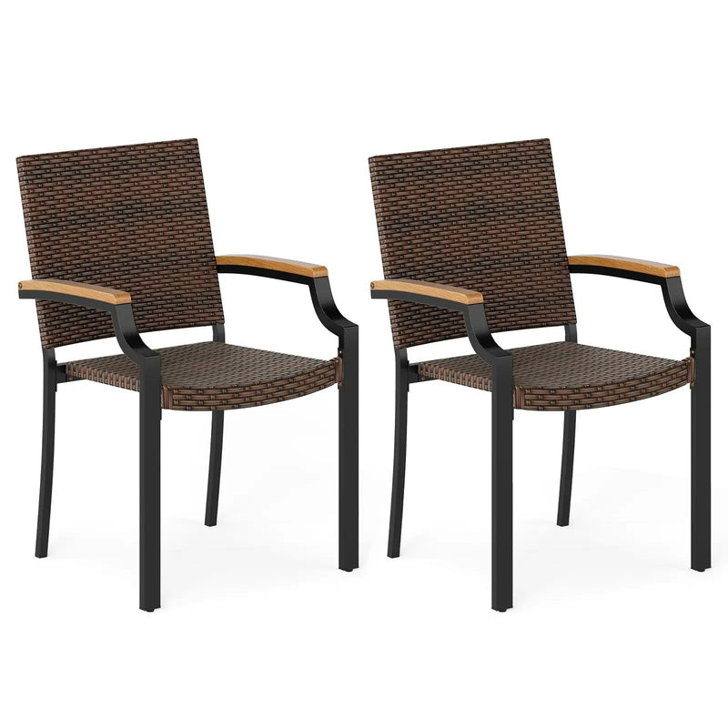 Stacking Wicker Chairs Set of 2 Patio Rattan Dining Chairs with Acacia Wood Armrests by DirectDeals