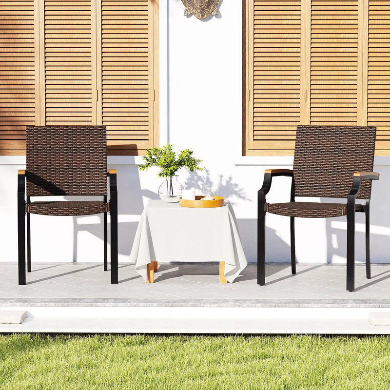 Stacking Wicker Chairs Set of 2 Patio Rattan Dining Chairs with Acacia Wood Armrests by DirectDeals