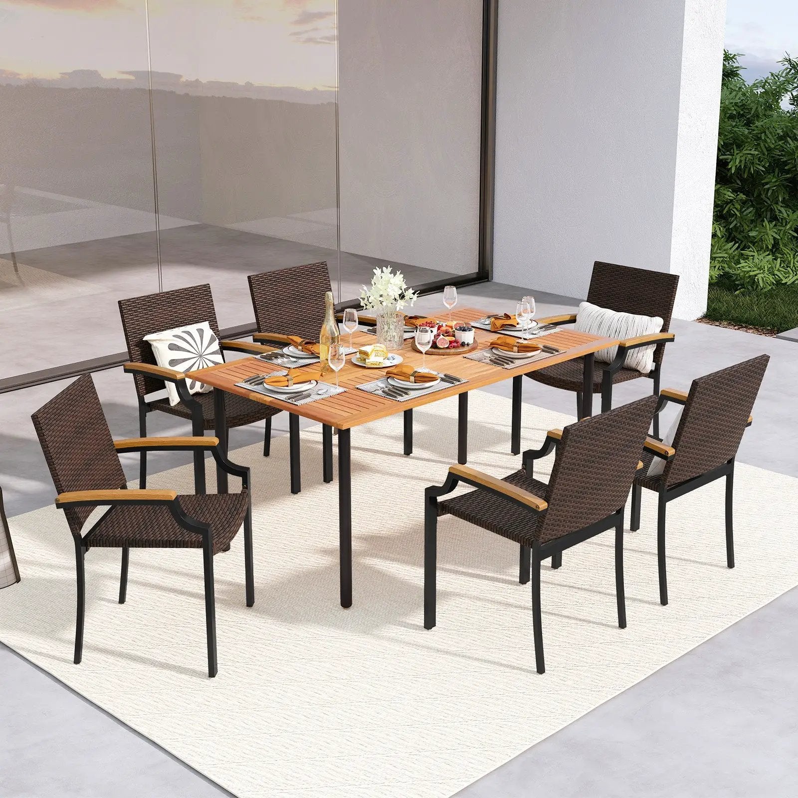 Stacking Wicker Chairs Set of 2 Patio Rattan Dining Chairs with Acacia Wood Armrests by DirectDeals