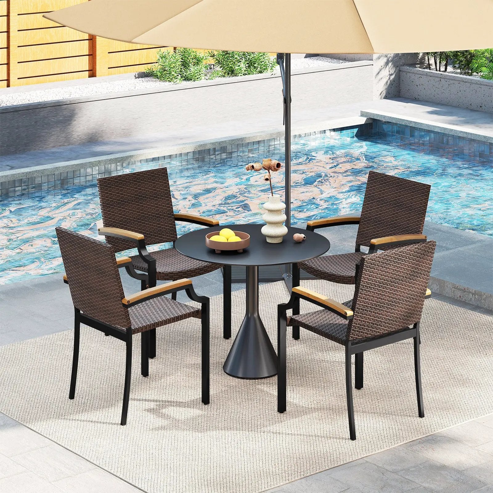 Stacking Wicker Chairs Set of 2 Patio Rattan Dining Chairs with Acacia Wood Armrests by DirectDeals