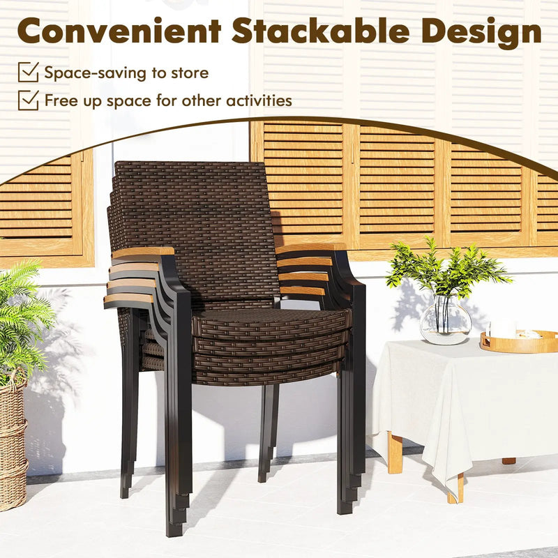 Stacking Wicker Chairs Set of 2 Patio Rattan Dining Chairs with Acacia Wood Armrests by DirectDeals