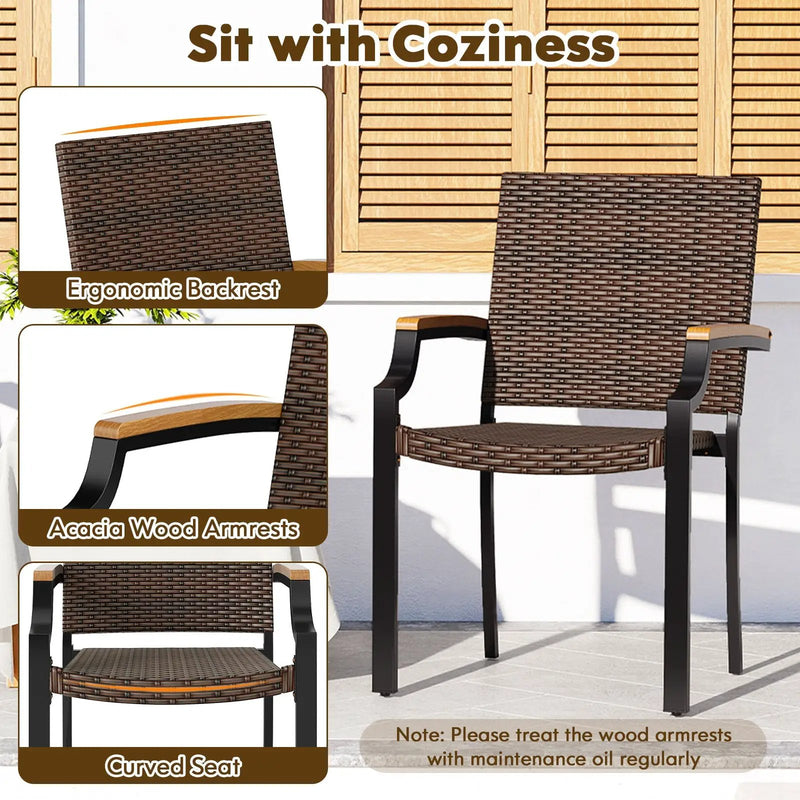 Stacking Wicker Chairs Set of 2 Patio Rattan Dining Chairs with Acacia Wood Armrests by DirectDeals