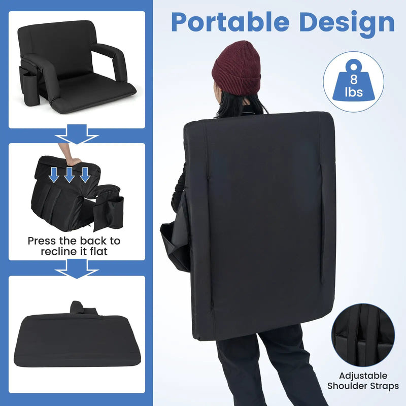 Stadium Seat for Bleachers with Back Support 6 Adjustable Positions-Black by DirectDeals