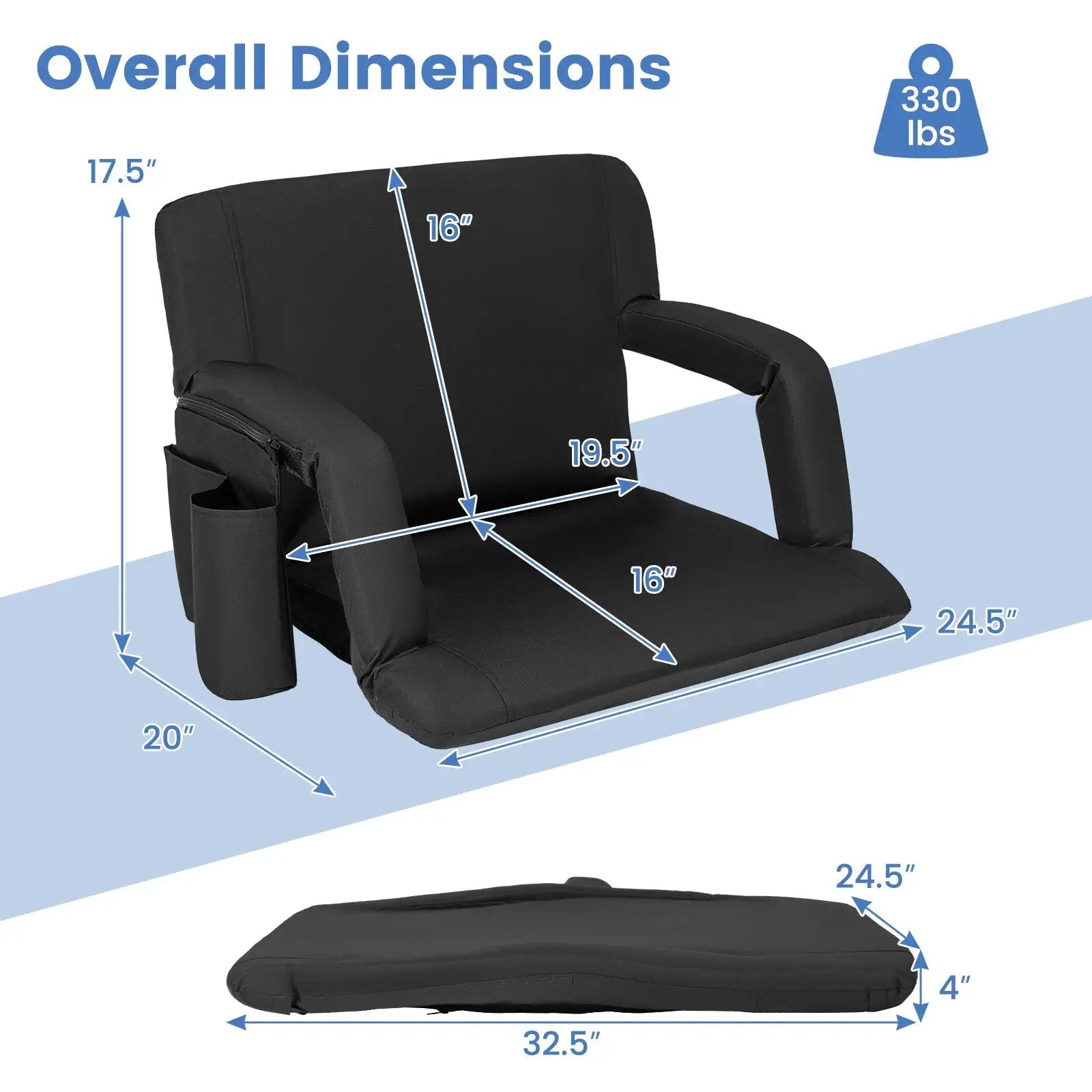Stadium Seat for Bleachers with Back Support 6 Adjustable Positions-Black by DirectDeals