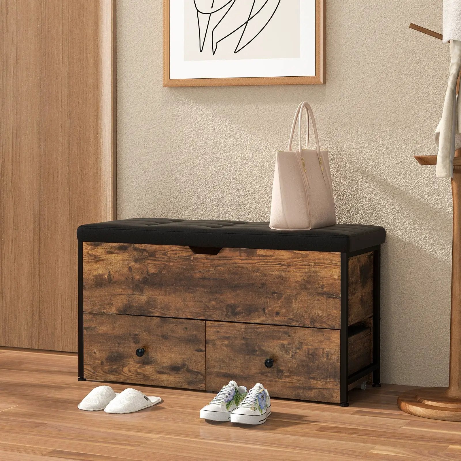 Storage Ottoman Bench with Padded Seat Cushion and 2 Drawers for Entryway-Brown by DirectDeals