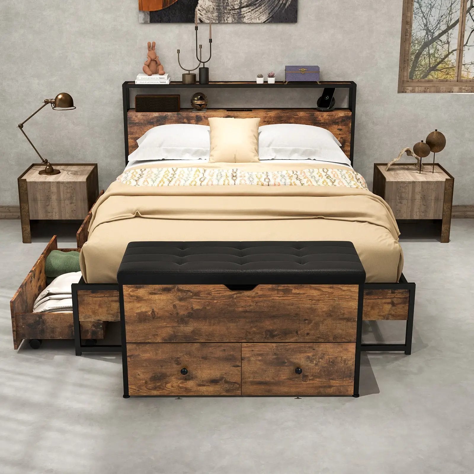 Storage Ottoman Bench with Padded Seat Cushion and 2 Drawers for Entryway-Brown by DirectDeals