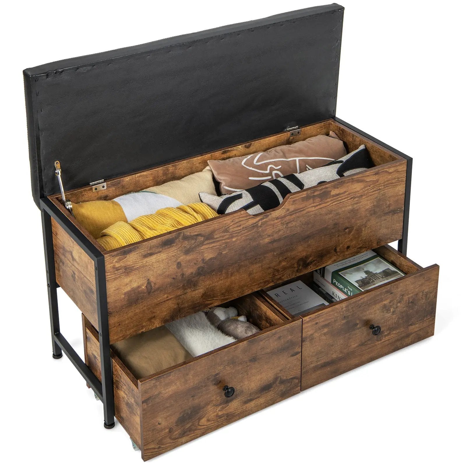 Storage Ottoman Bench with Padded Seat Cushion and 2 Drawers for Entryway-Brown by DirectDeals