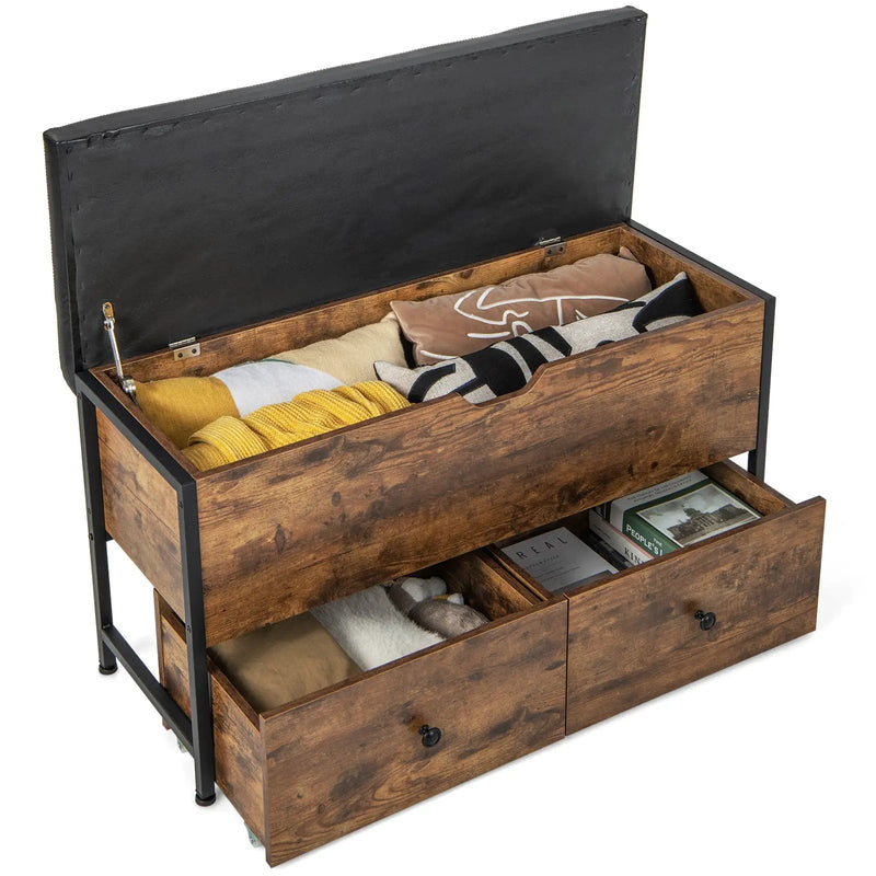 Storage Ottoman Bench with Padded Seat Cushion and 2 Drawers for Entryway-Brown by DirectDeals