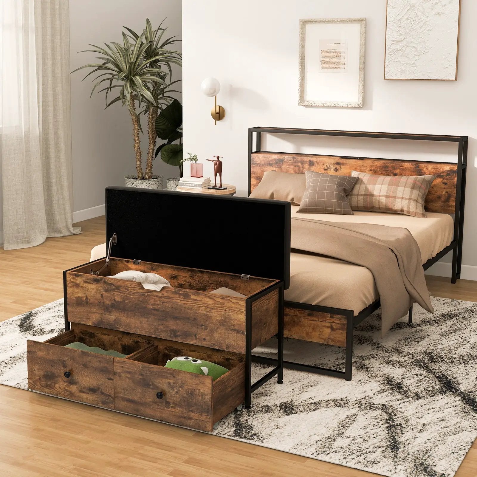 Storage Ottoman Bench with Padded Seat Cushion and 2 Drawers for Entryway-Brown by DirectDeals