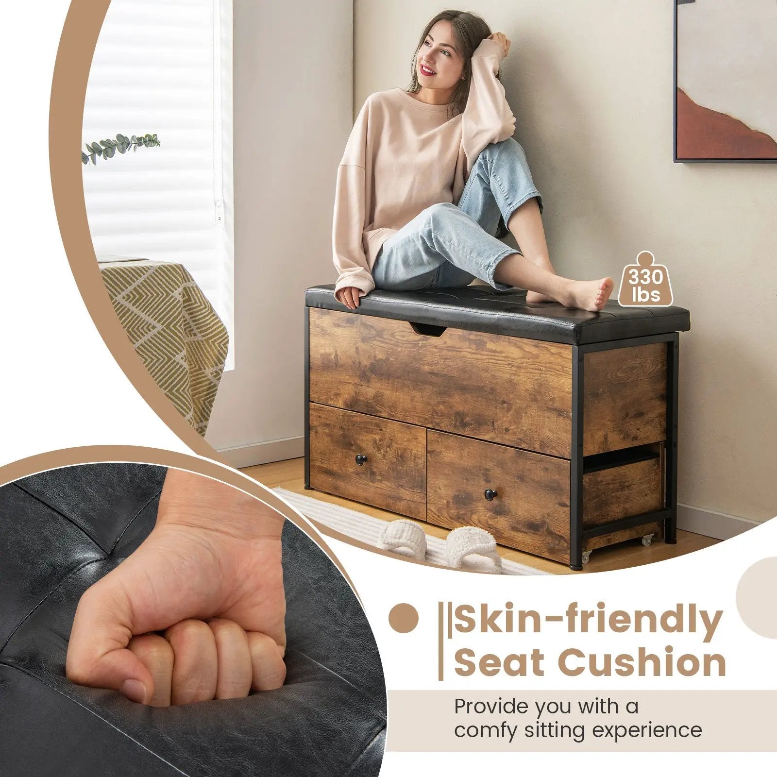 Storage Ottoman Bench with Padded Seat Cushion and 2 Drawers for Entryway-Brown by DirectDeals