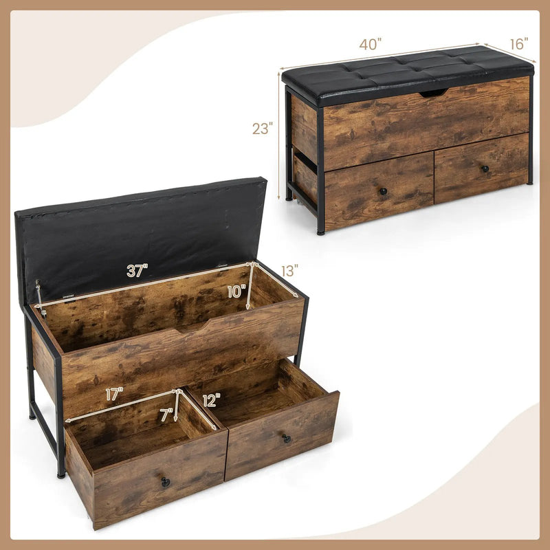 Storage Ottoman Bench with Padded Seat Cushion and 2 Drawers for Entryway-Brown by DirectDeals