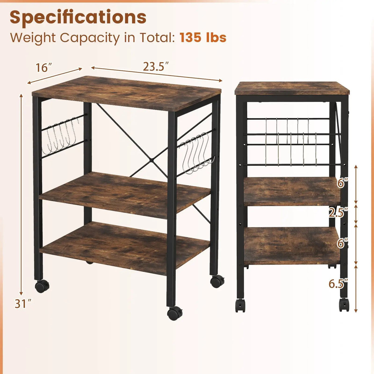 3-Tier Kitchen Baker's Rack Microwave Oven Storage Cart with Hooks by DirectDeals
