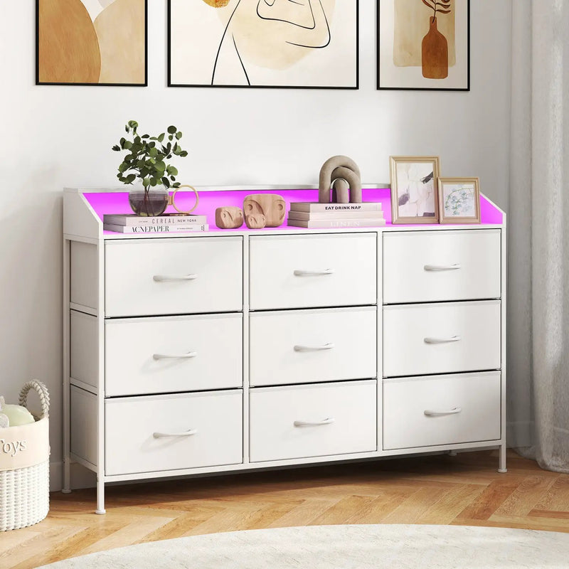 Storage Organizer with LED Lights and 9 Fabric Drawers for Bedroom by DirectDeals