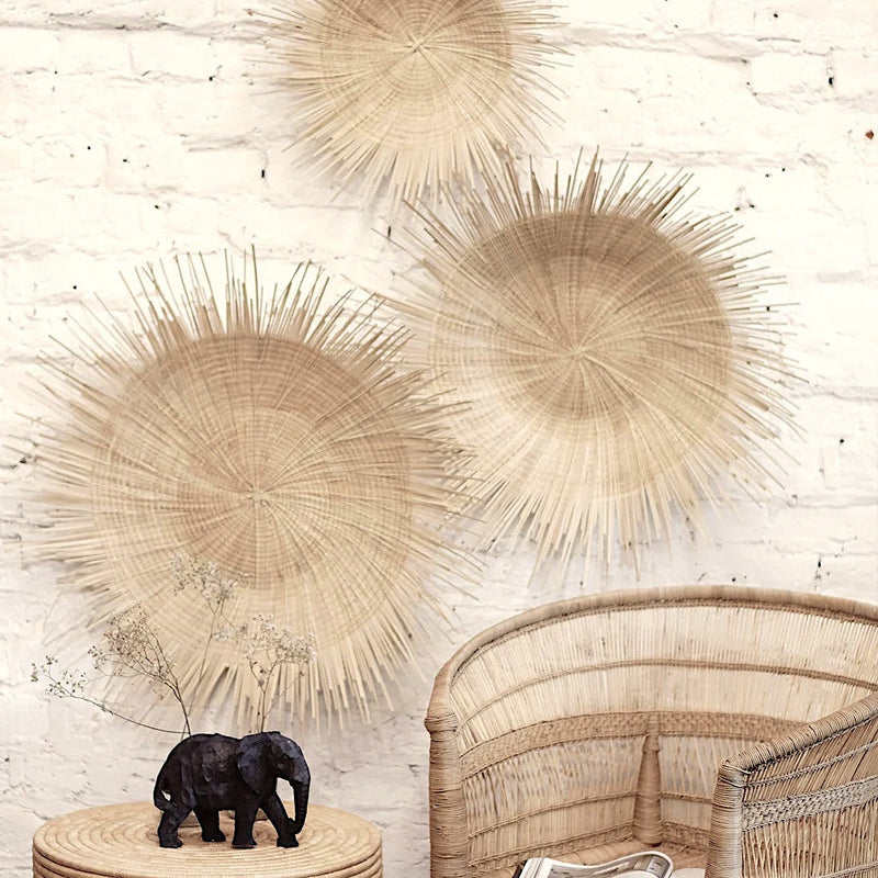 Natural Sunburst Plate Wall Hanging - 23", installed in a room