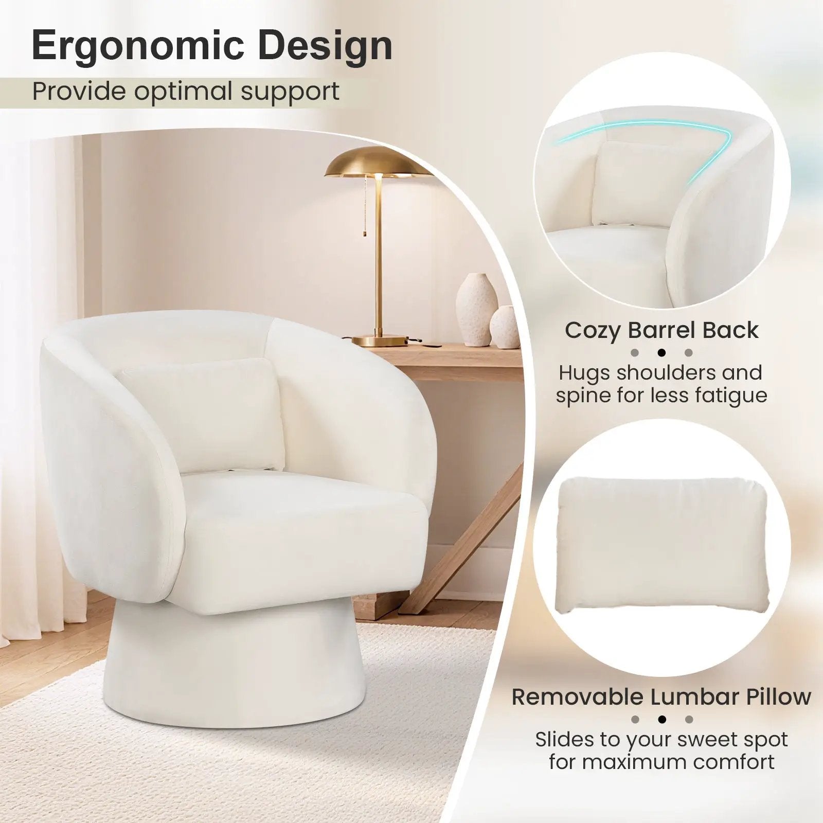 Swivel Accent Chair Upholstered Barrel Chair with Curved Back and Removable Lumbar Pillow by DirectDeals