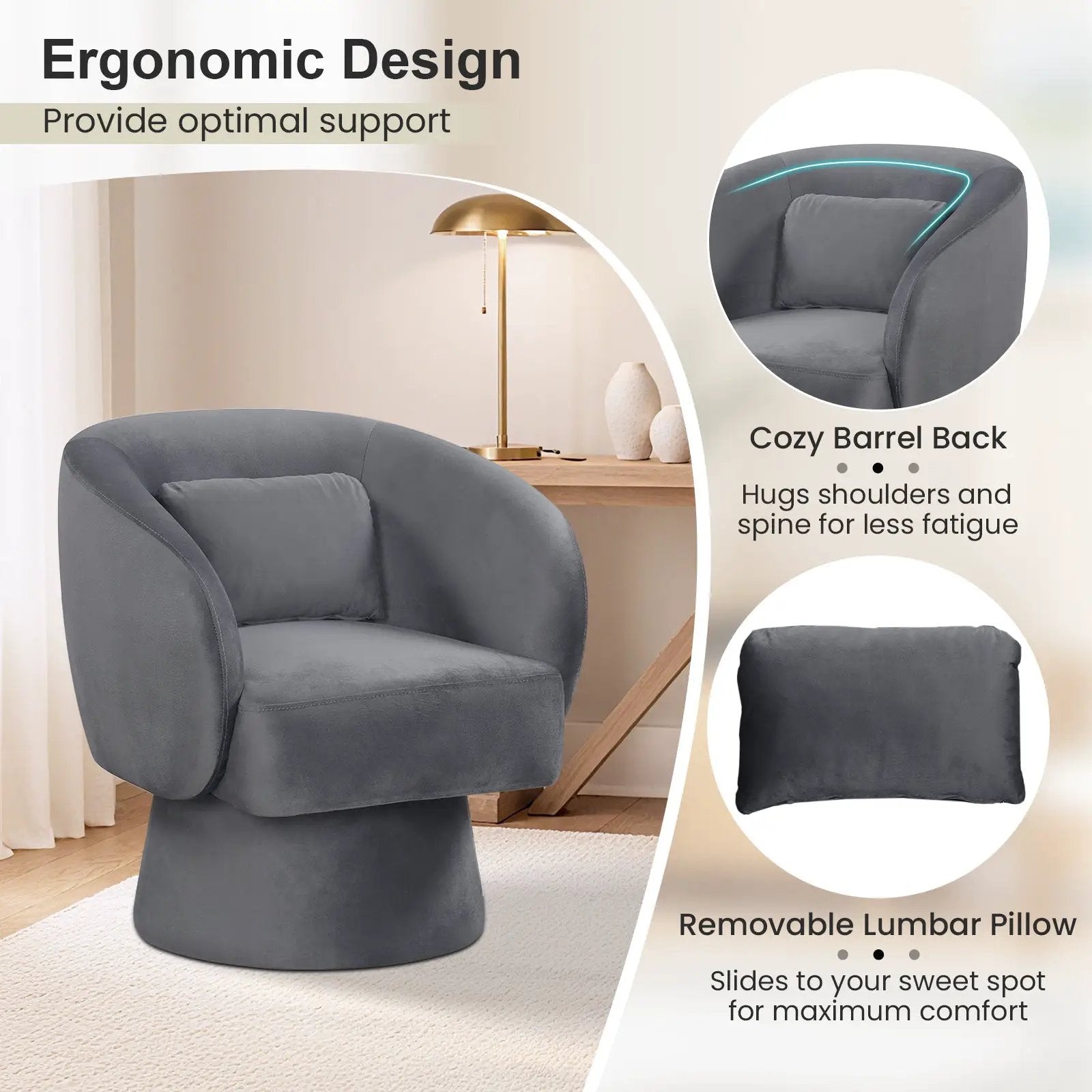 Swivel Accent Chair Upholstered Barrel Chair with Curved Back and Removable Lumbar Pillow by DirectDeals