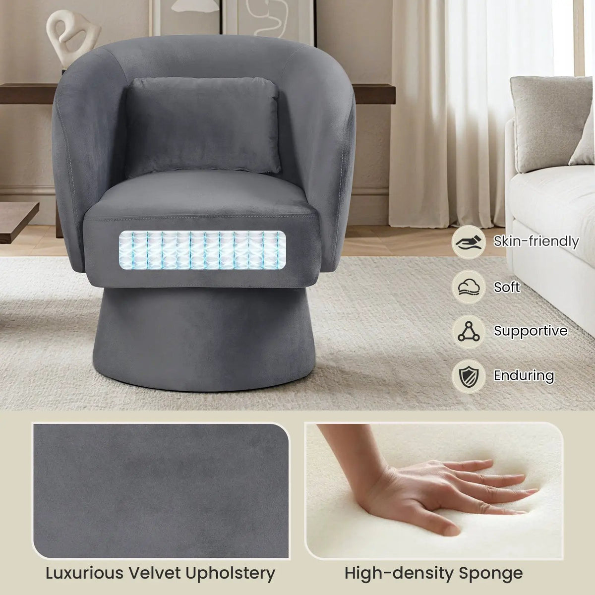 Swivel Accent Chair Upholstered Barrel Chair with Curved Back and Removable Lumbar Pillow by DirectDeals