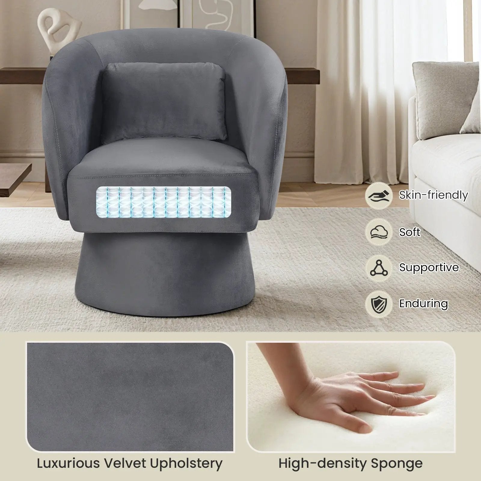 Swivel Accent Chair Upholstered Barrel Chair with Curved Back and Removable Lumbar Pillow by DirectDeals
