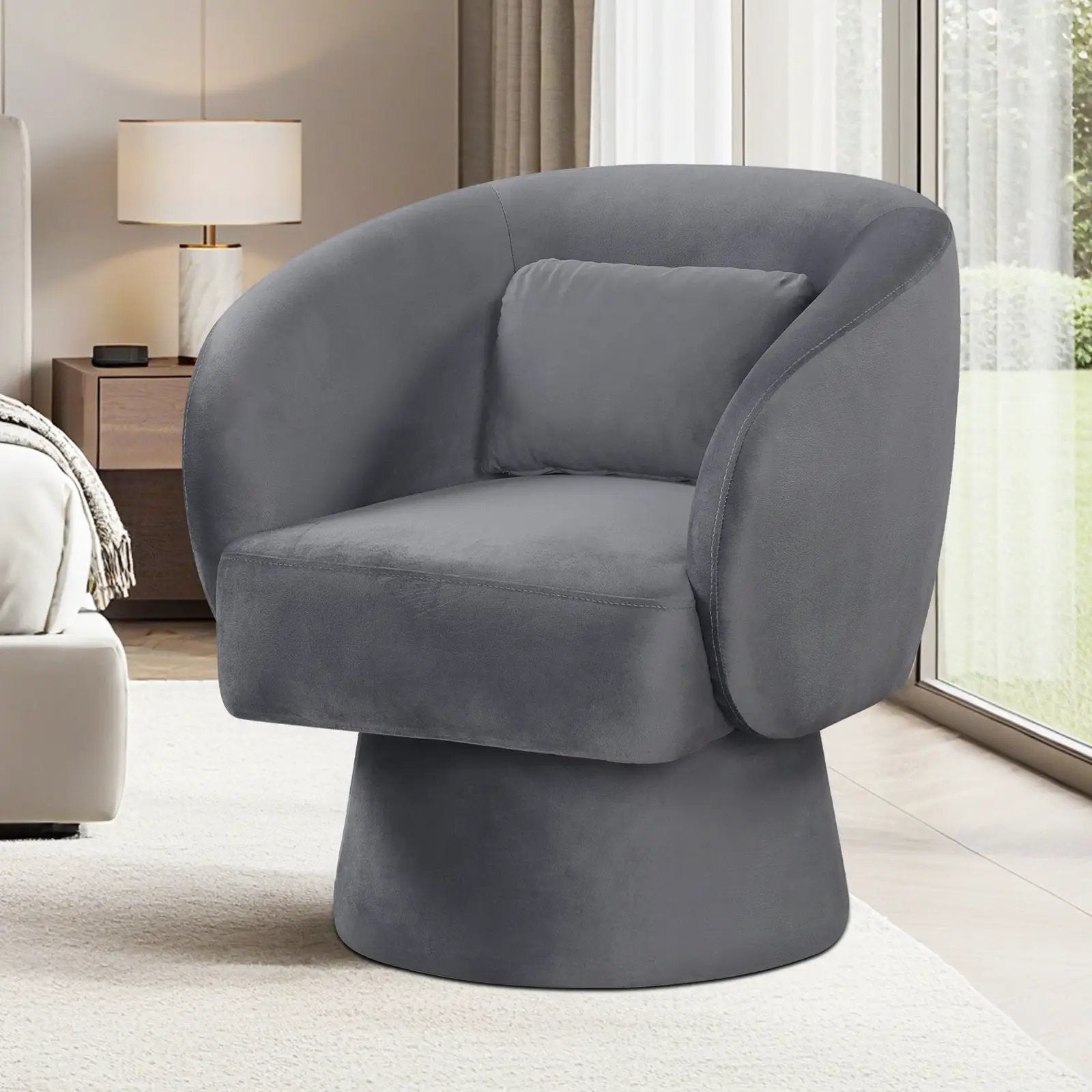 Swivel Accent Chair Upholstered Barrel Chair with Curved Back and Removable Lumbar Pillow by DirectDeals