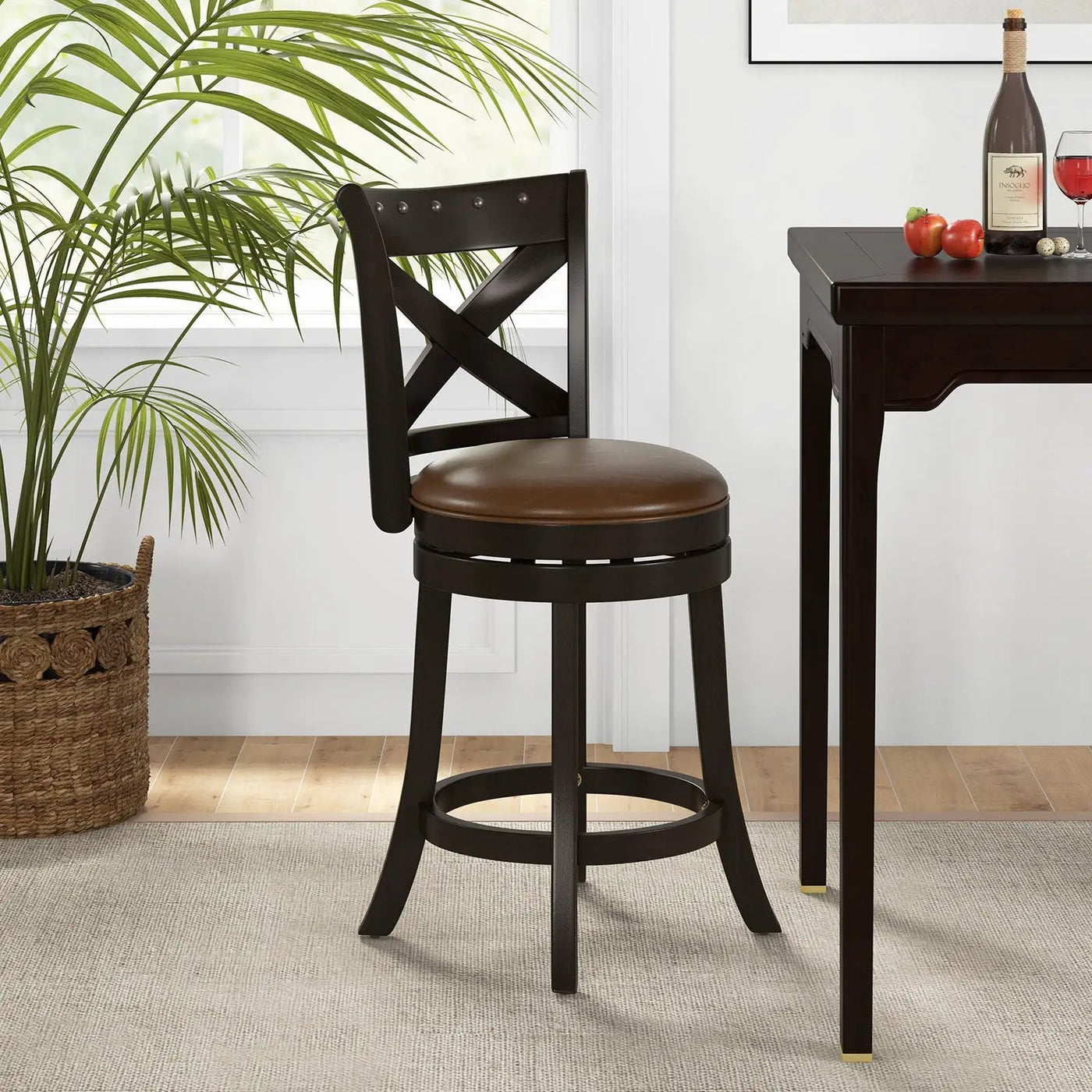 31 Inch Swivel Bar Stool with Curved Backrest PU Leather Seat and Footrest by DirectDeals