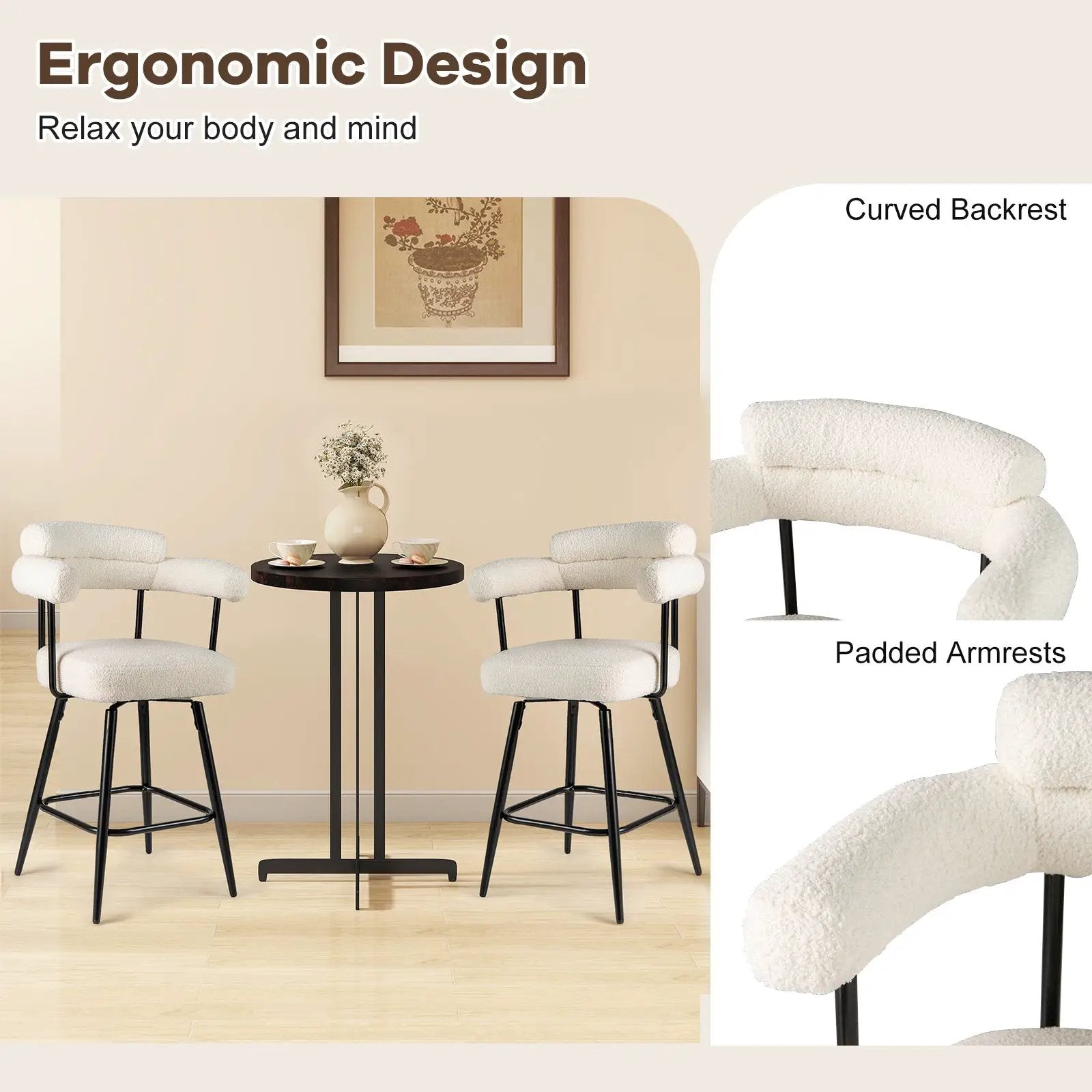 Swivel Bar Stool Set of 2 Counter Height Chairs with Curved Back and Arms by DirectDeals
