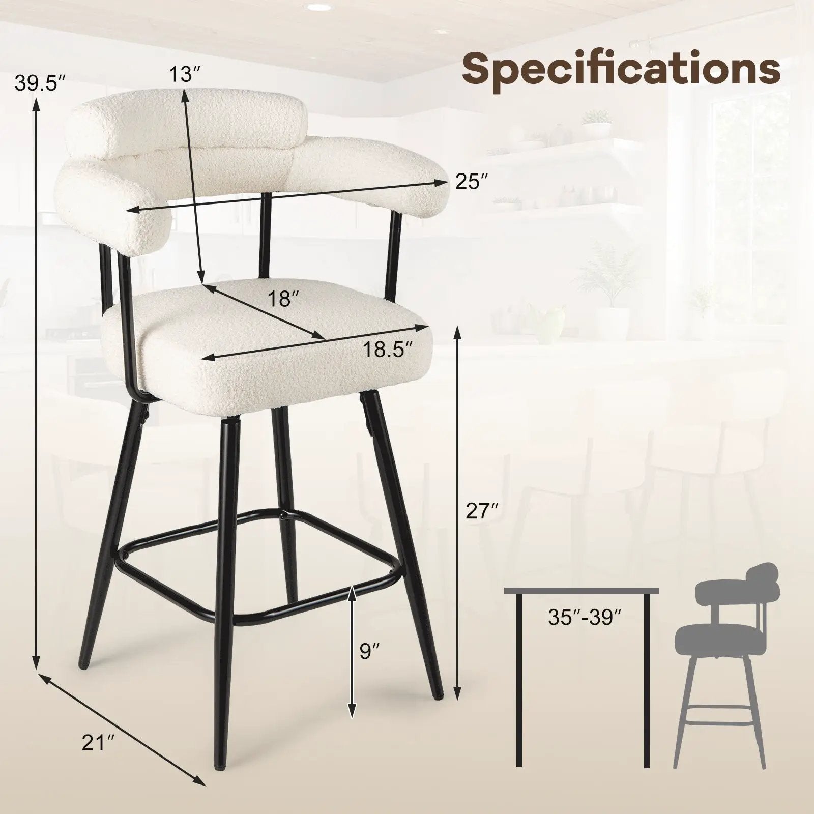 Swivel Bar Stool Set of 2 Counter Height Chairs with Curved Back and Arms by DirectDeals