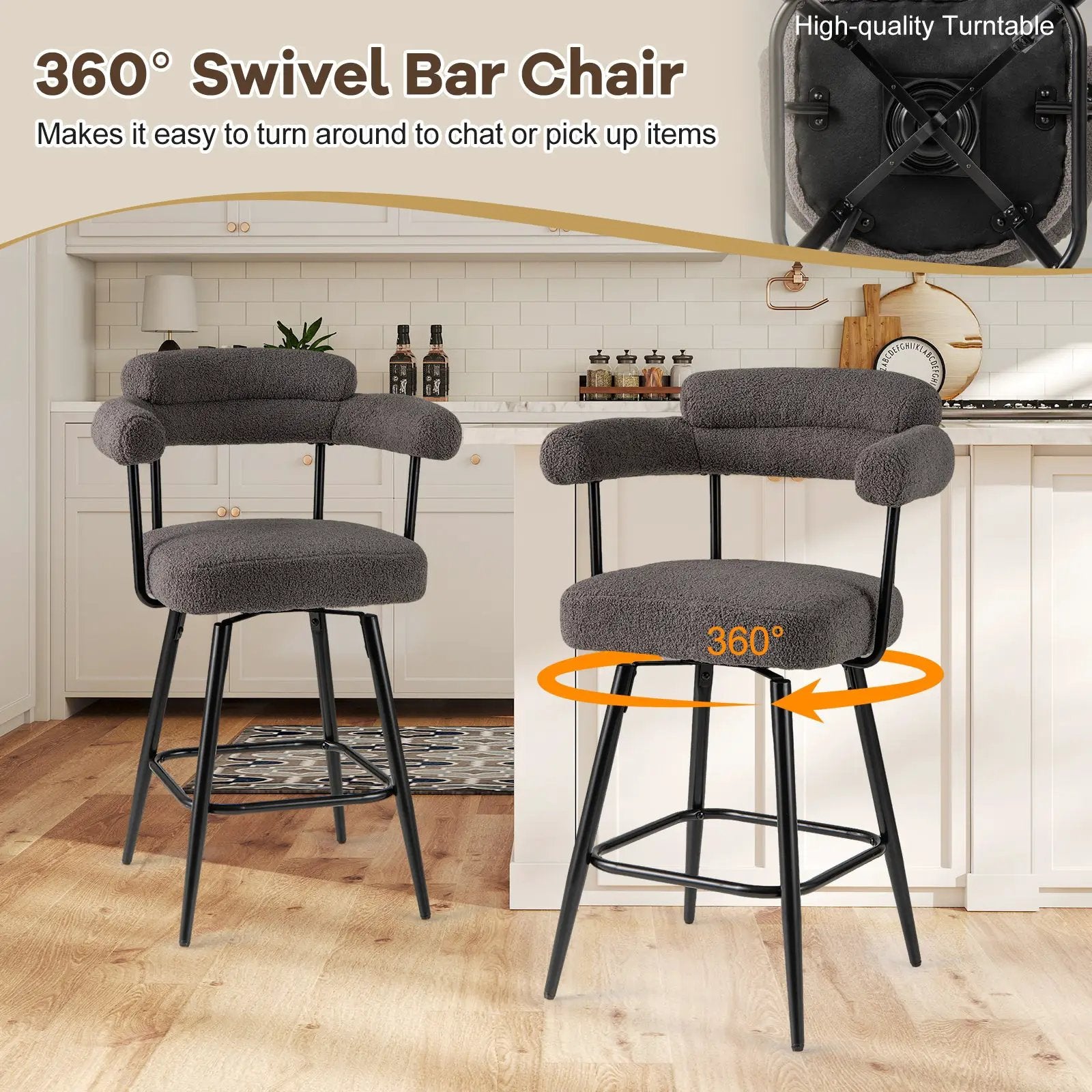 Swivel Bar Stool Set of 2 Counter Height Chairs with Curved Back and Arms by DirectDeals