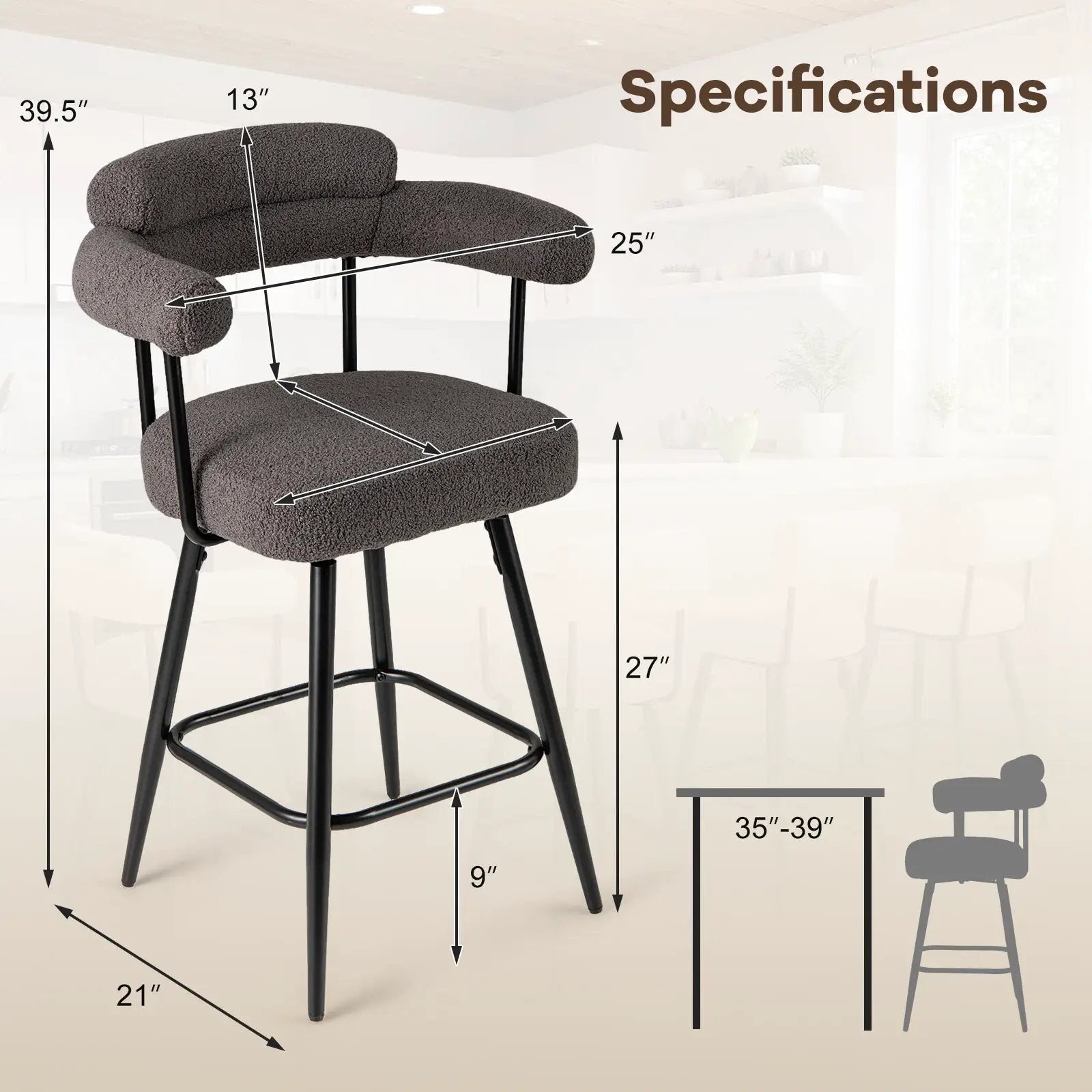Swivel Bar Stool Set of 2 Counter Height Chairs with Curved Back and Arms by DirectDeals
