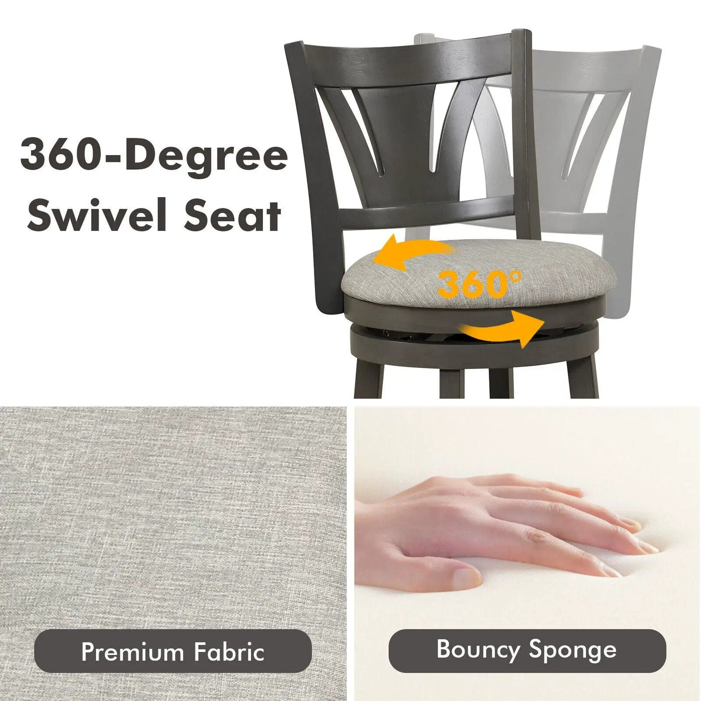 26.5 Inch Swivel Bar Stool with Backrest Soft Cushioned Seat and Footrest Gray by DirectDeals