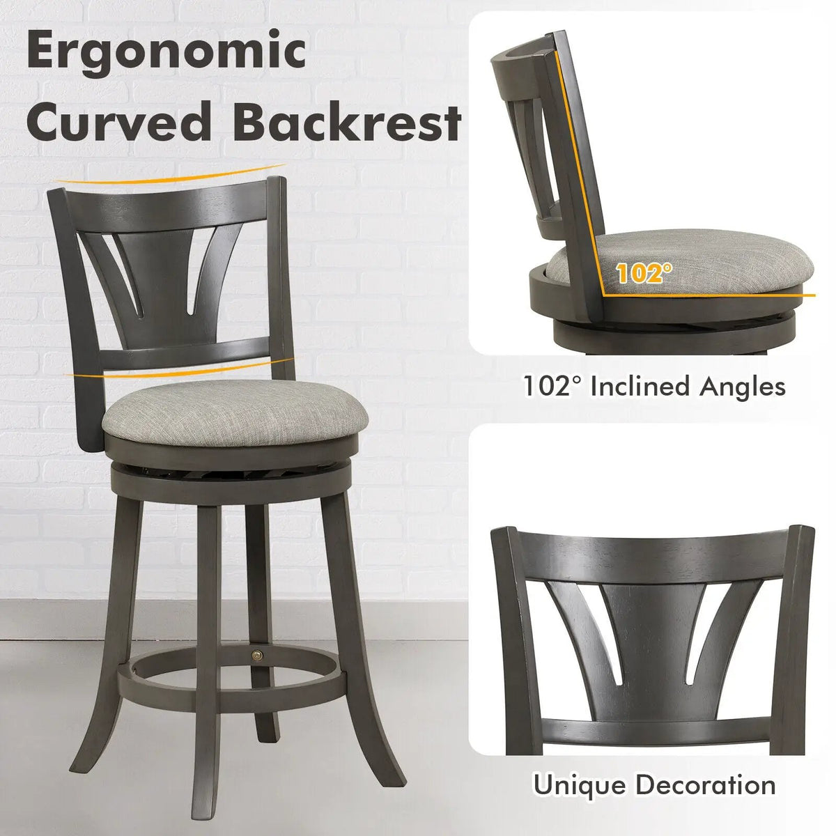 26.5 Inch Swivel Bar Stool with Backrest Soft Cushioned Seat and Footrest Gray by DirectDeals