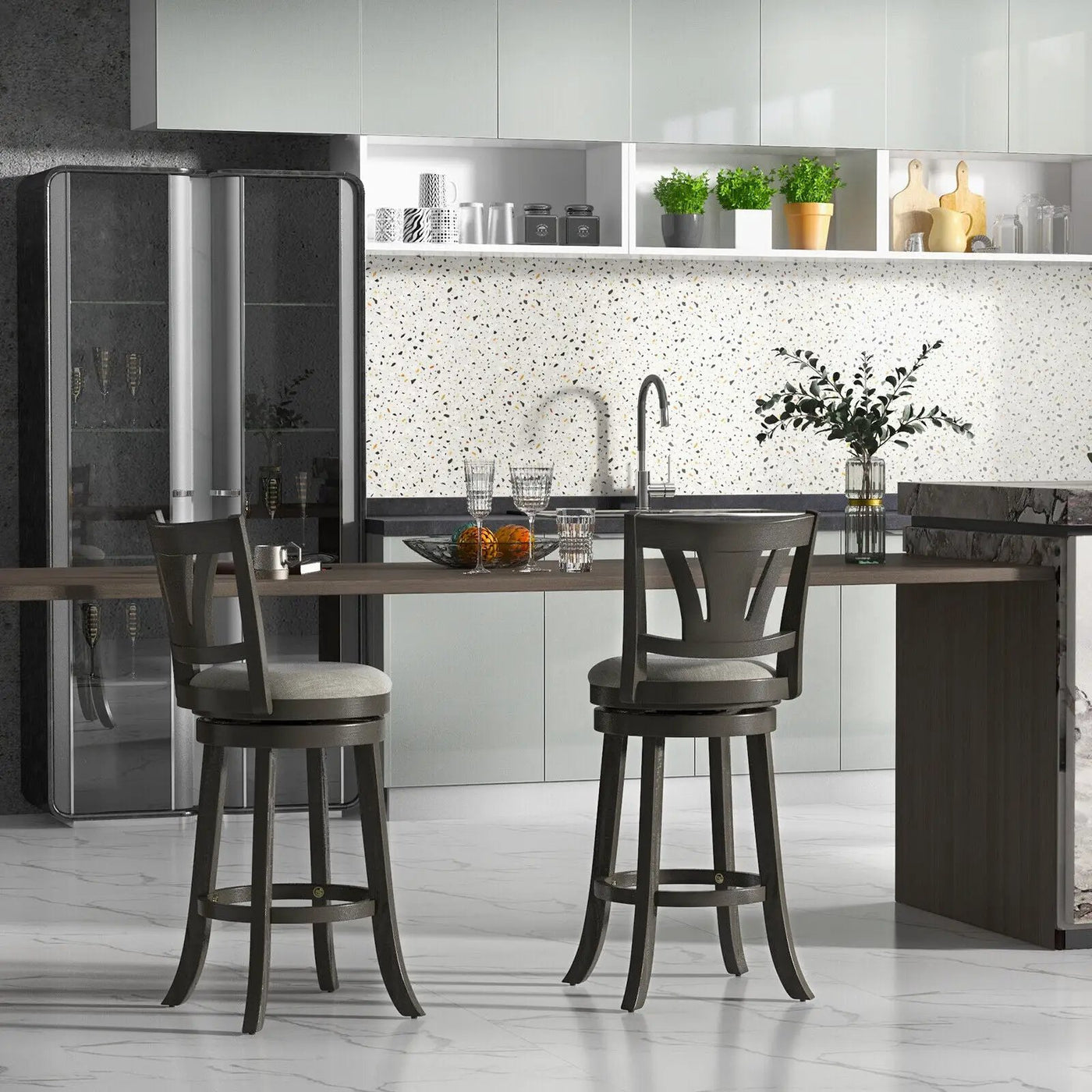 26.5 Inch Swivel Bar Stool with Backrest Soft Cushioned Seat and Footrest Gray by DirectDeals