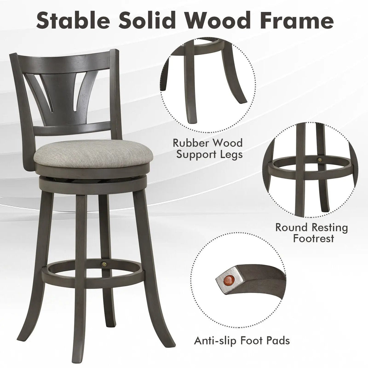 26.5 Inch Swivel Bar Stool with Backrest Soft Cushioned Seat and Footrest Gray by DirectDeals