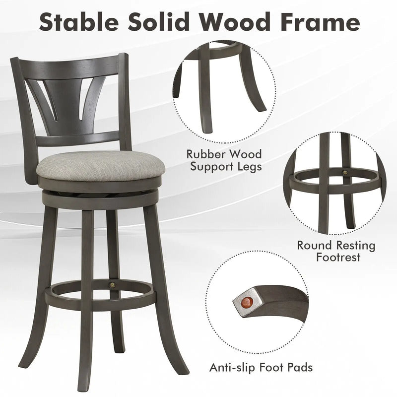 26.5 Inch Swivel Bar Stool with Backrest Soft Cushioned Seat and Footrest Gray by DirectDeals