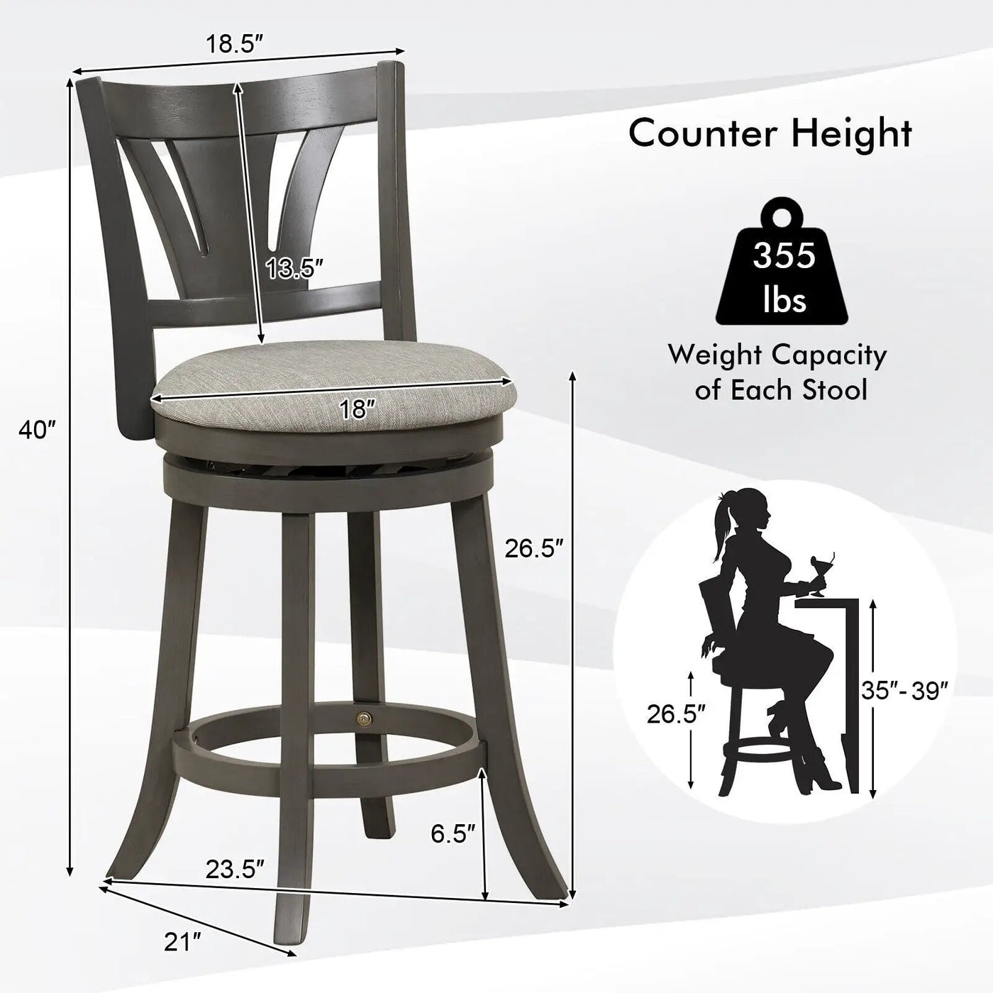 26.5 Inch Swivel Bar Stool with Backrest Soft Cushioned Seat and Footrest Gray by DirectDeals