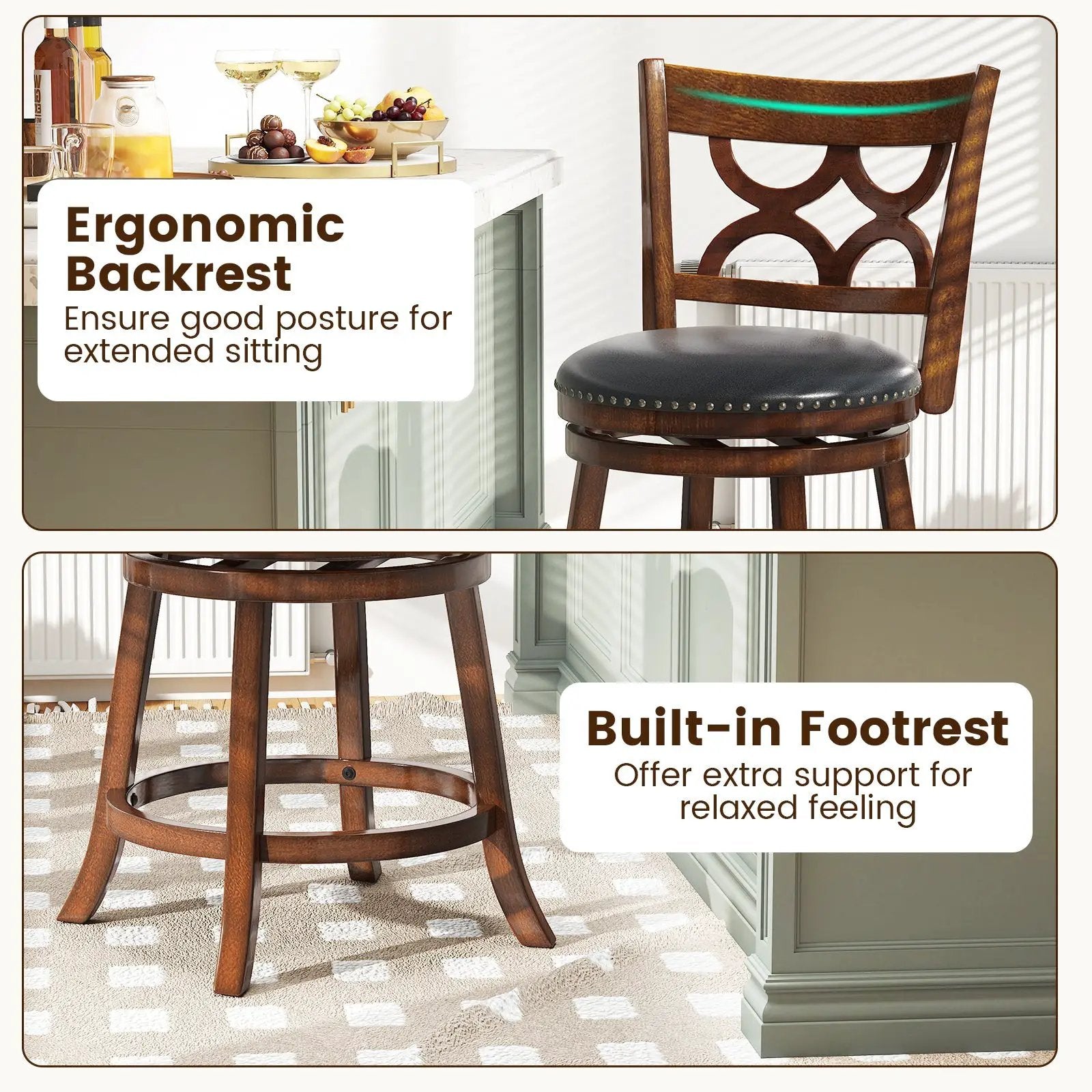 Swivel Bar Stools Set of 2 with High Backrest and Wood Frame by DirectDeals