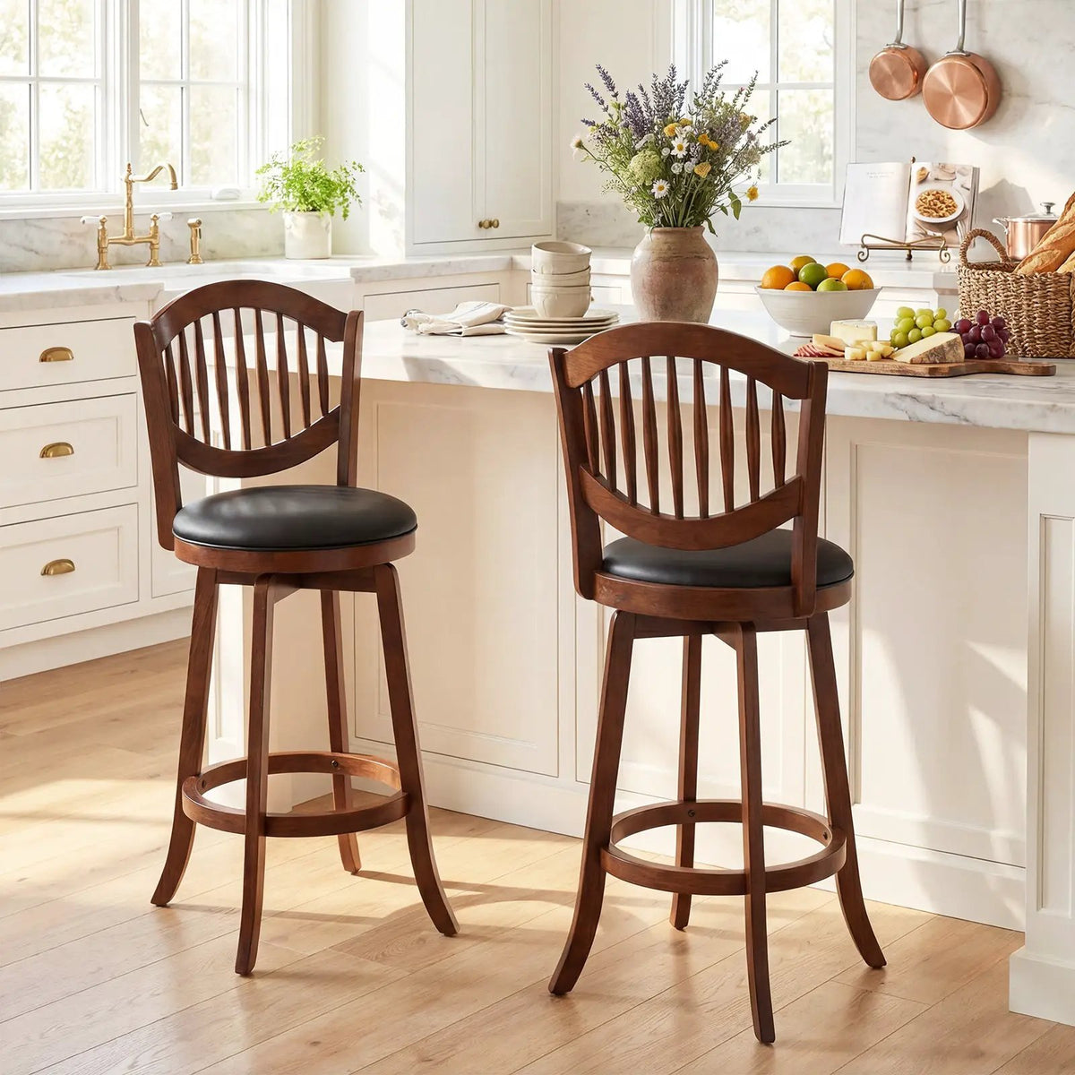 Swivel Bar Stools Set of 2 with Backrest and Wood Frame by DirectDeals
