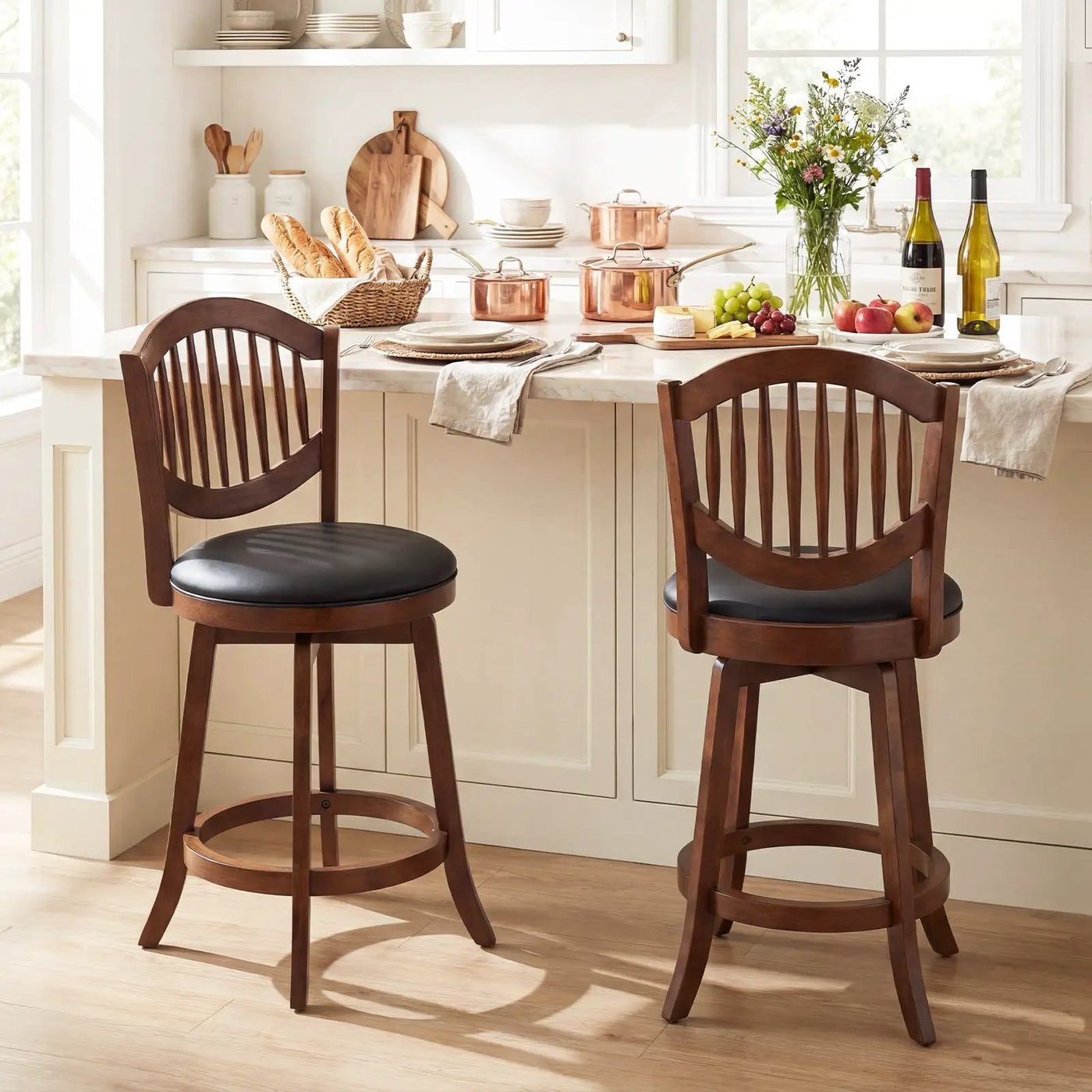 Swivel Bar Stools Set of 2 with Backrest and Wood Frame by DirectDeals