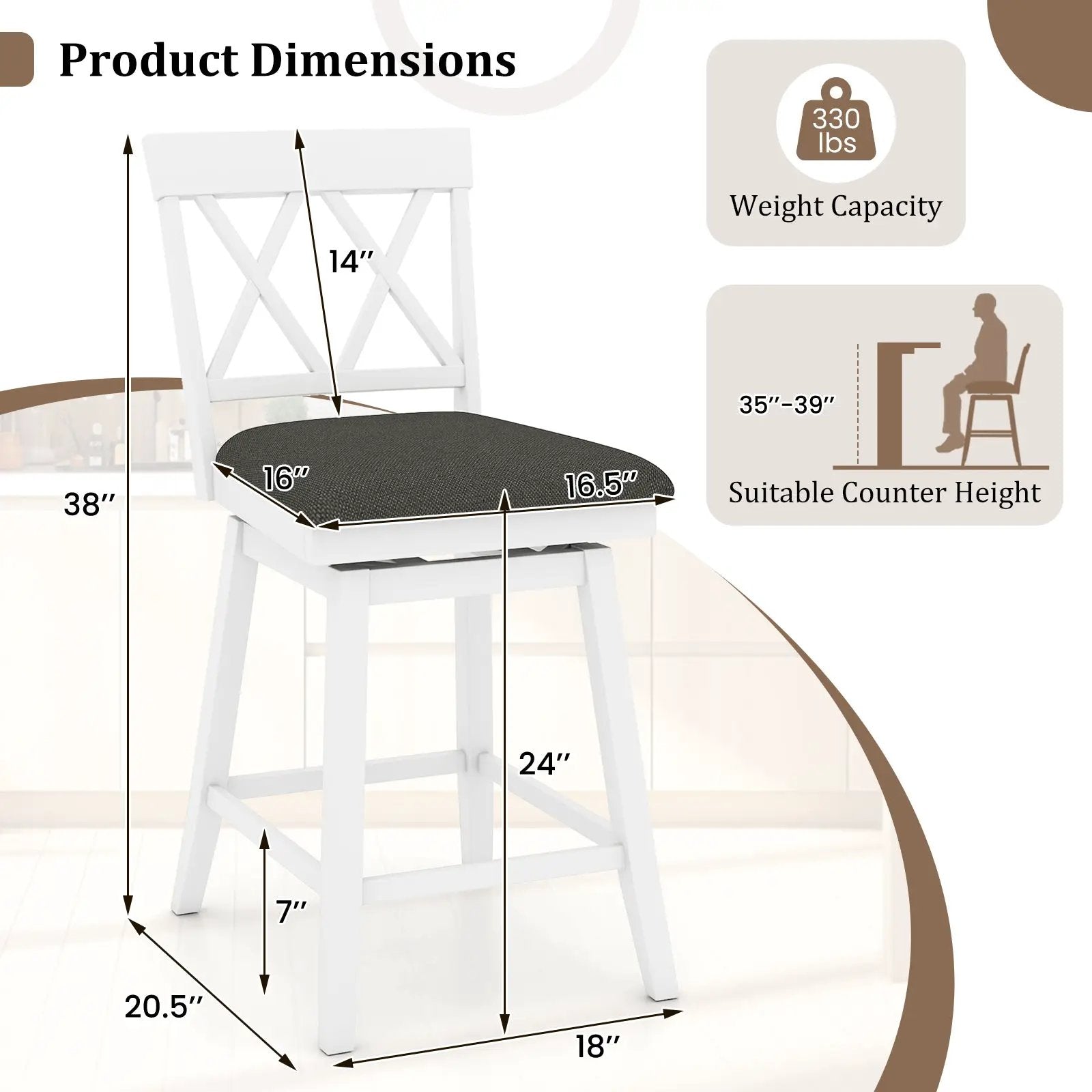 Swivel Bar Stools Set of 4 Counter Height Barstools with Backrest Upholstered Seat Cushion by DirectDeals