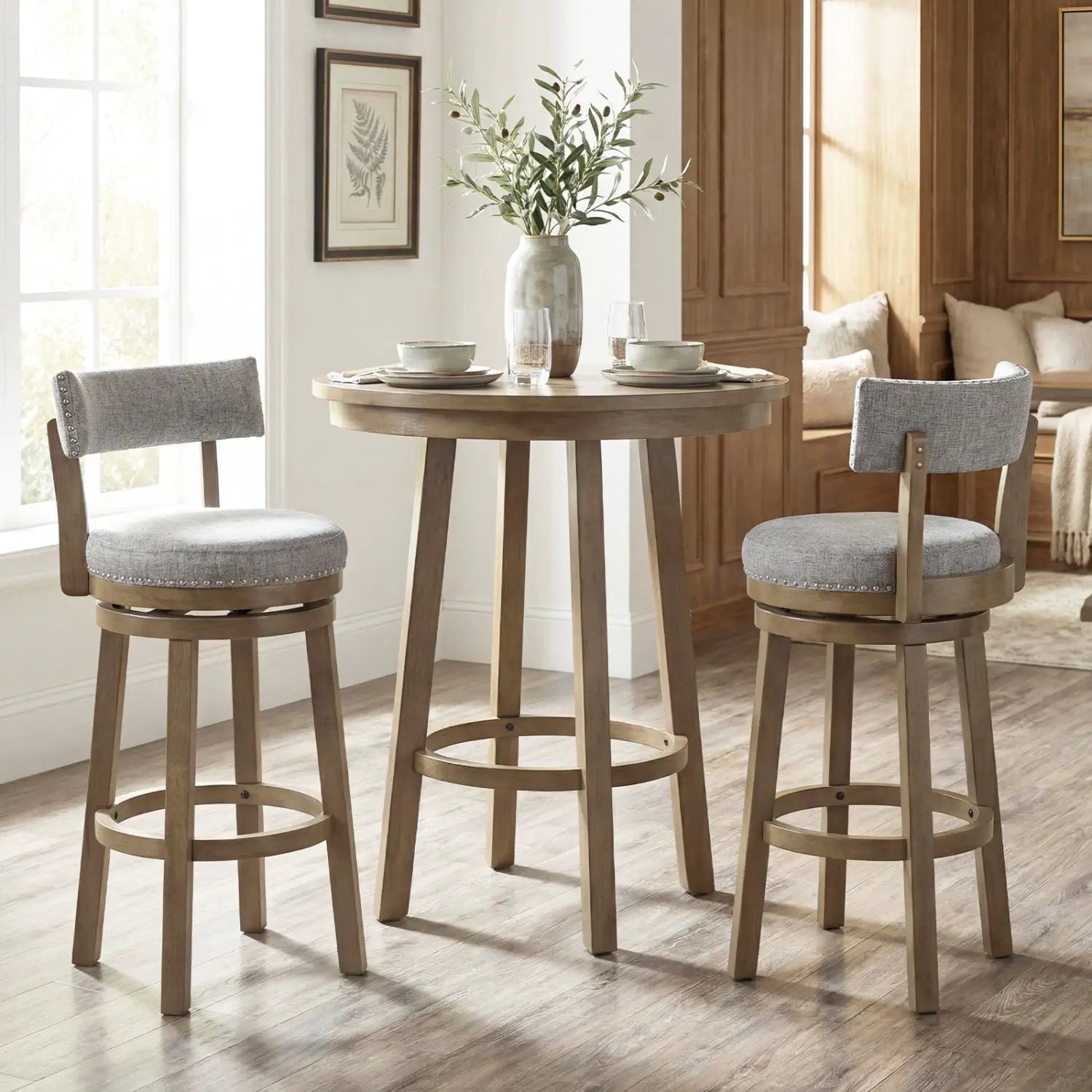 Swivel Bar Stools Set of 2 Linen Fabric Upholstered Barstools with Back-31.5 Inches by DirectDeals