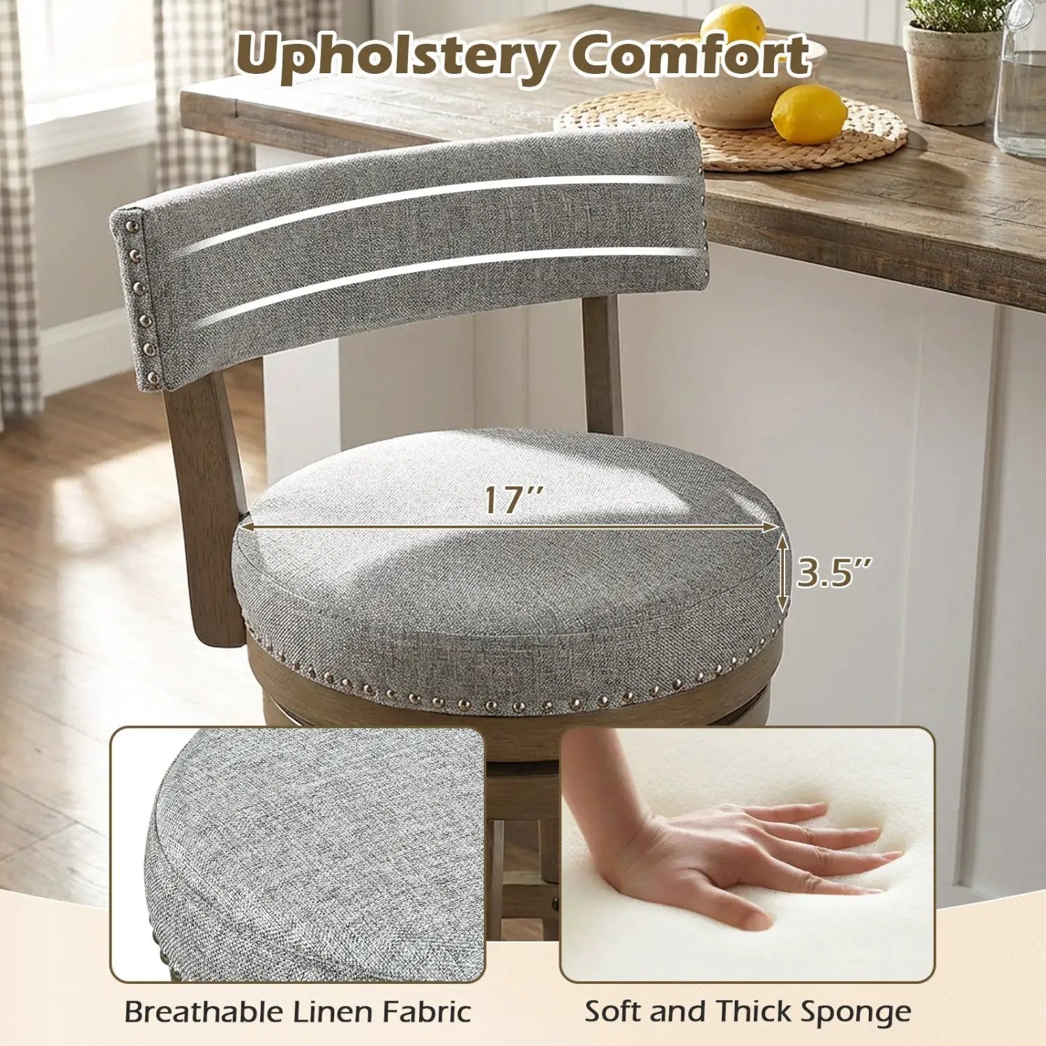 Swivel Bar Stools Set of 2 Linen Fabric Upholstered Barstools with Back-31.5 Inches by DirectDeals