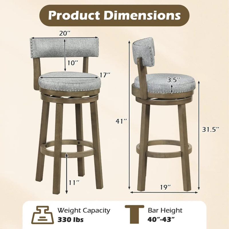 Swivel Bar Stools Set of 2 Linen Fabric Upholstered Barstools with Back-31.5 Inches by DirectDeals
