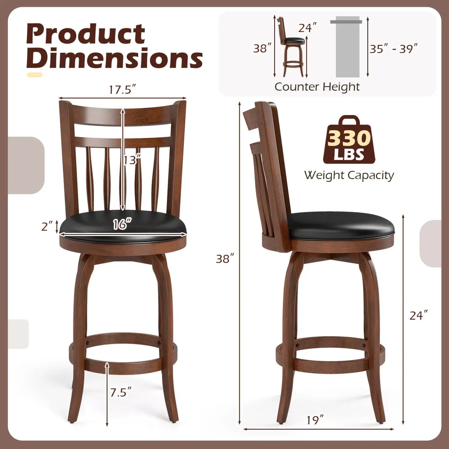 Swivel Bar Stools Set of 2 Counter Height Faux Leather Upholstered Barstools by DirectDeals