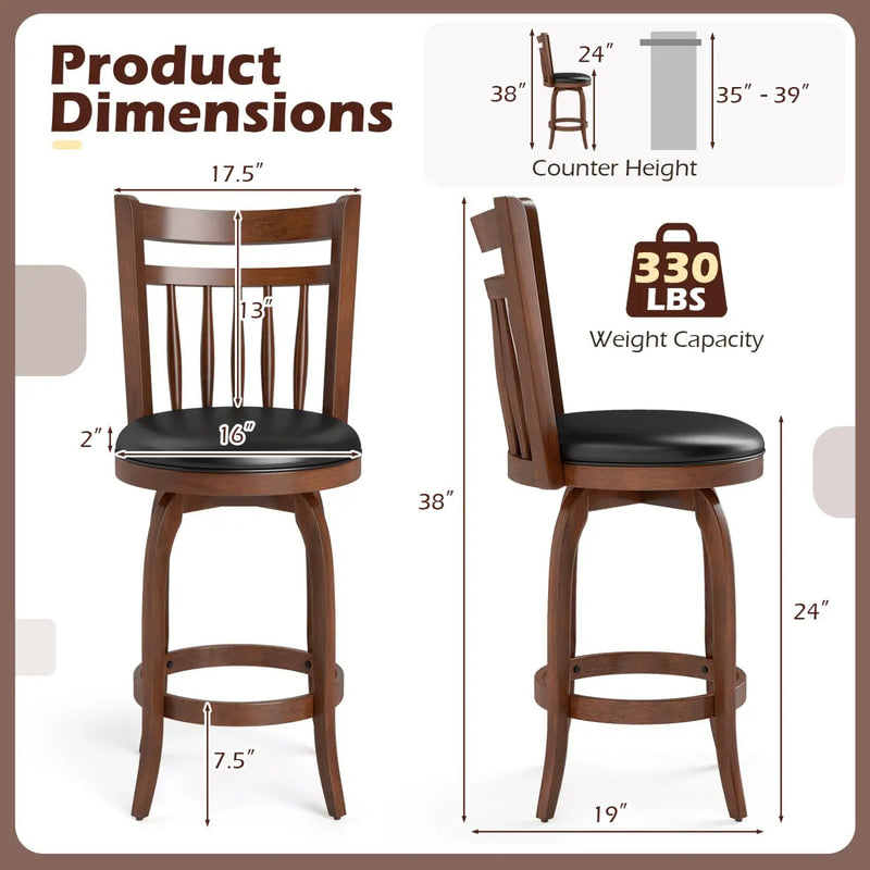 Swivel Bar Stools Set of 2 Counter Height Faux Leather Upholstered Barstools by DirectDeals