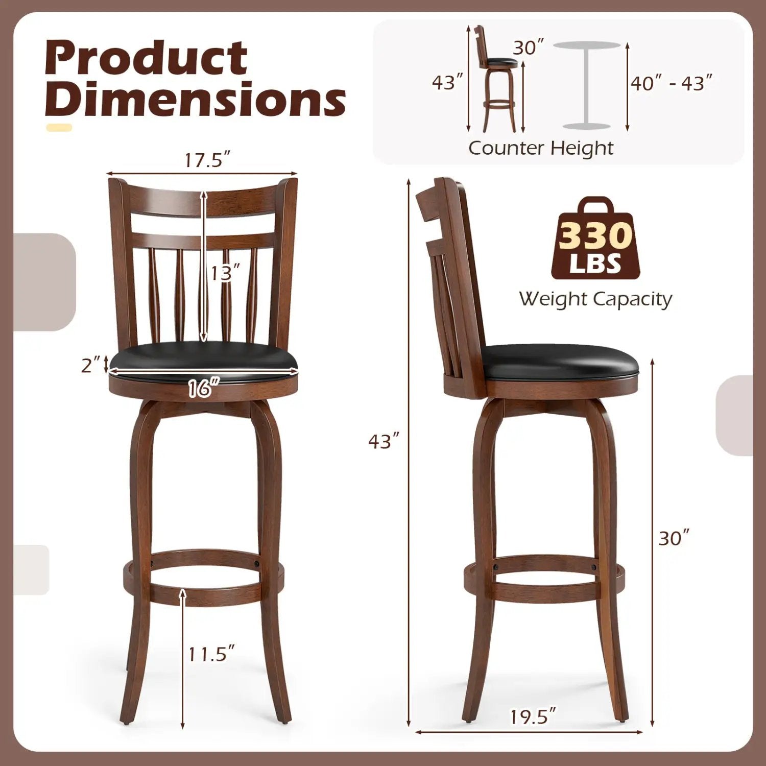 Swivel Bar Stools Set of 2 Counter Height Faux Leather Upholstered Barstools by DirectDeals