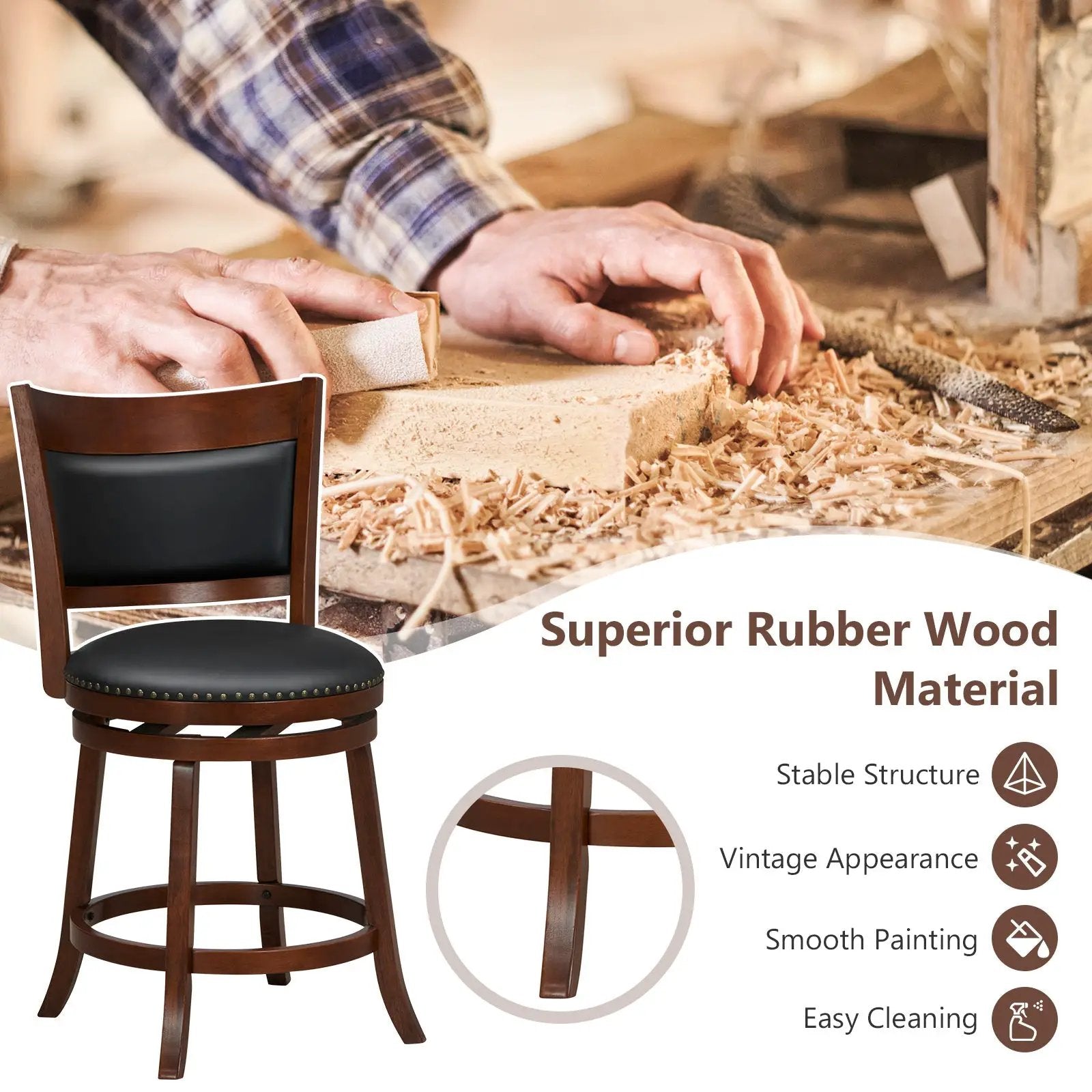 Swivel Bar Stools Set of 2 with 20 Inch Wider Cushioned Seat-Brown by DirectDeals