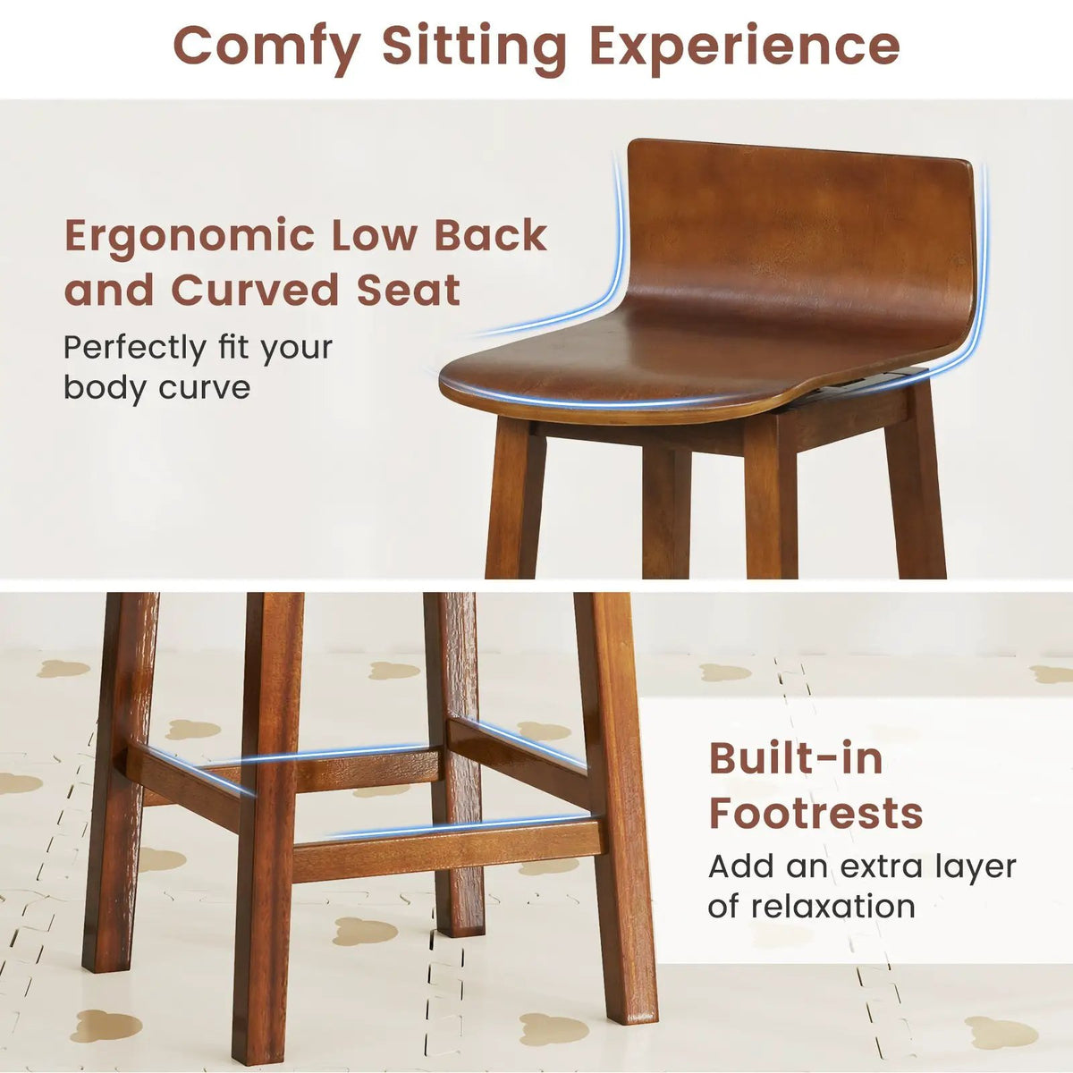 24.5 Inch Swivel Wooden Bar Stools Set of 2 with Rubber Wood Legs and Low Back by DirectDeals
