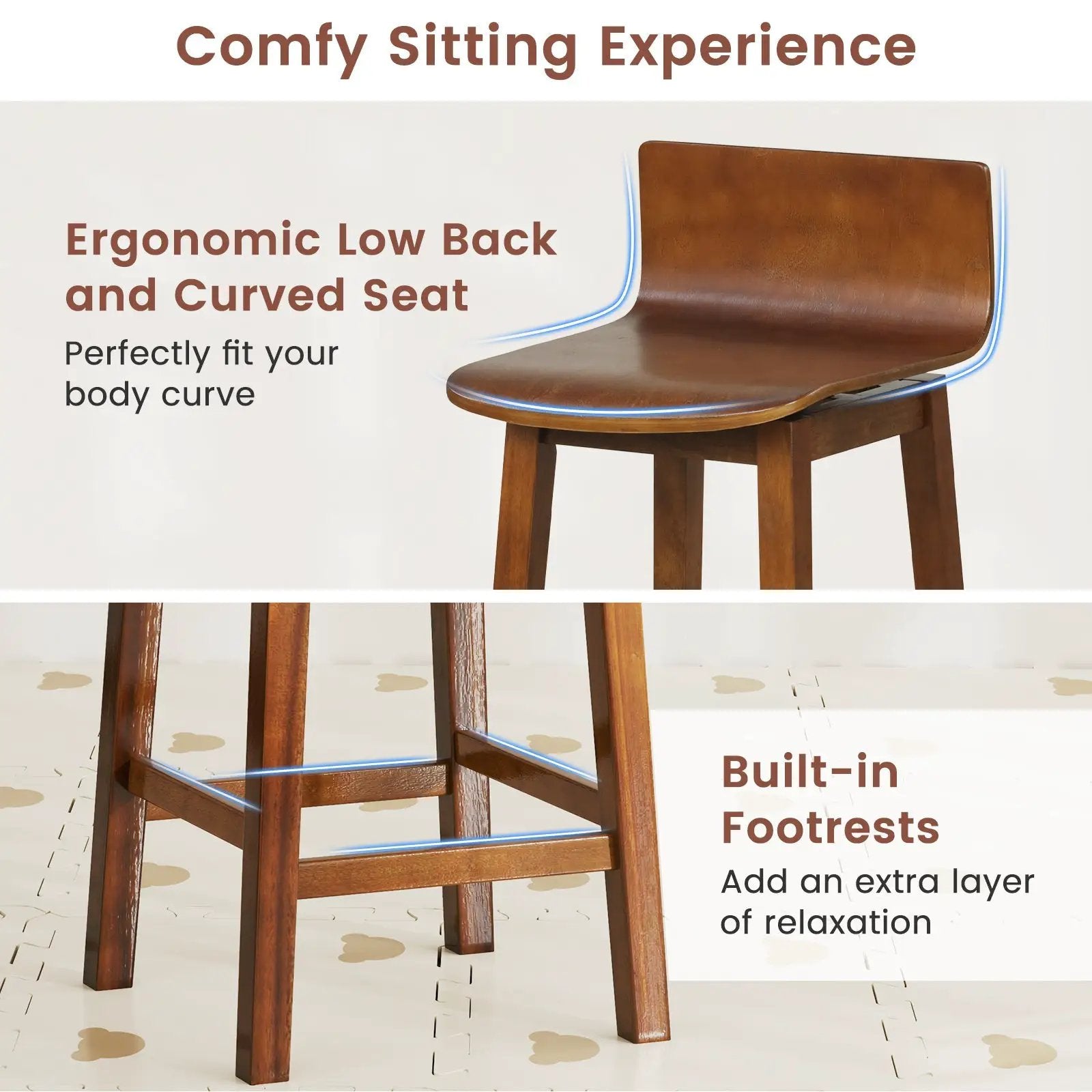 24.5 Inch Swivel Wooden Bar Stools Set of 2 with Rubber Wood Legs and Low Back by DirectDeals