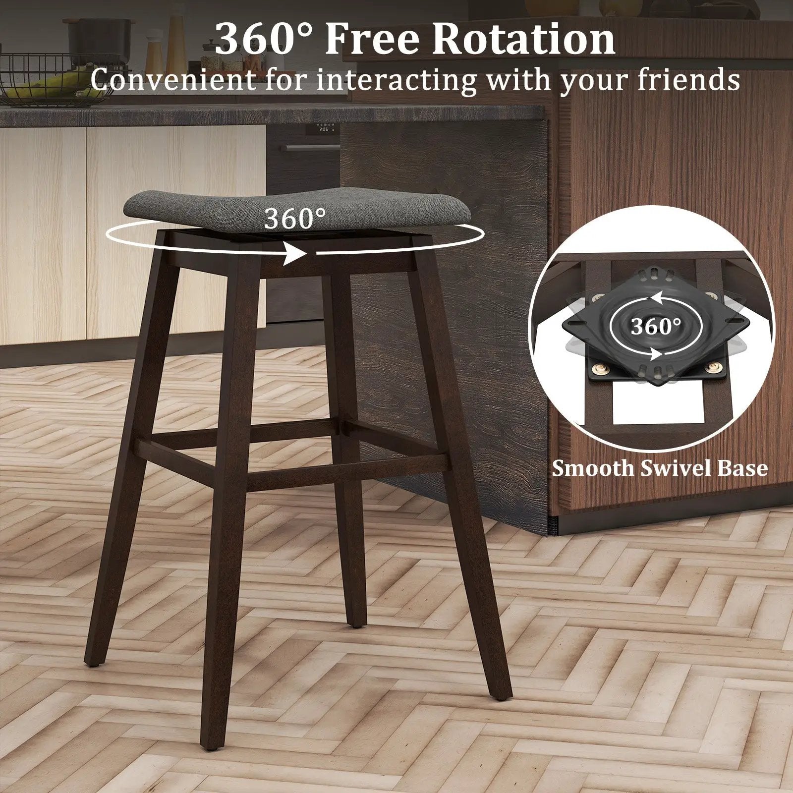 Swivel Bar Stools Set of 2 with Footrest and Rubber Wood Legs-Brown by DirectDeals